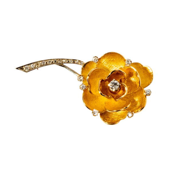 14 Karat Yellow Gold Diamond Rose Brooch