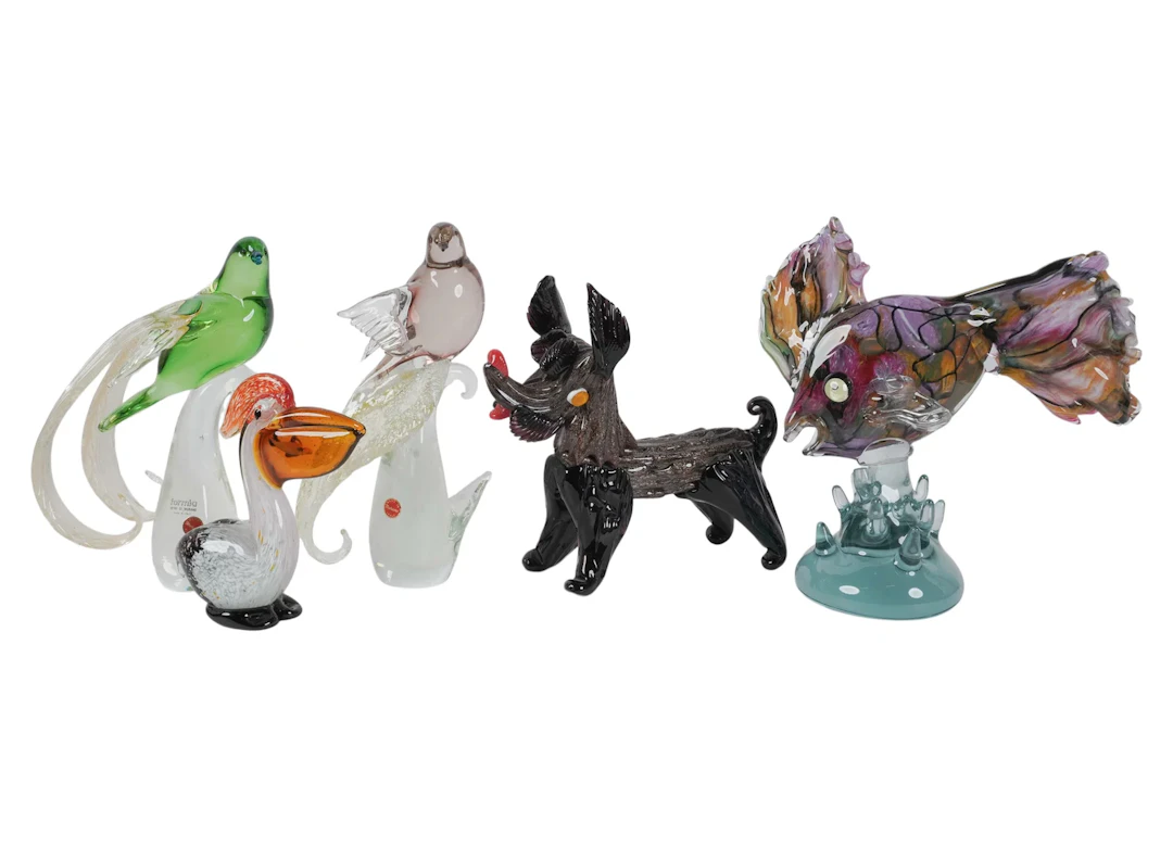 A Group of Five Murano Glass Animals