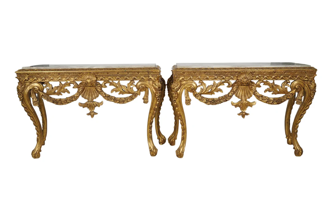 A Pair of English Georgian-Style Carved Wood Marble Top Consoles