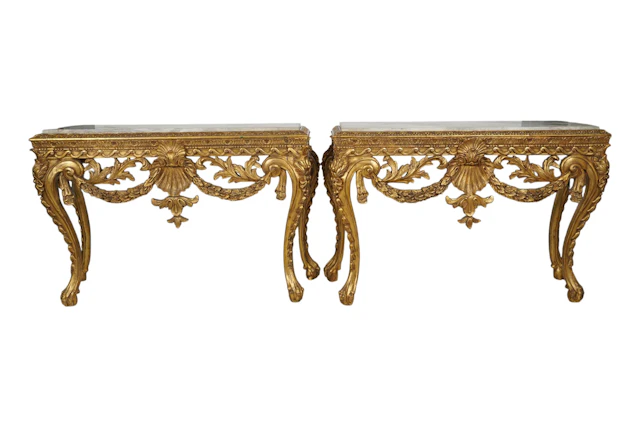 A Pair of English Georgian-Style Carved Wood Marble Top Consoles