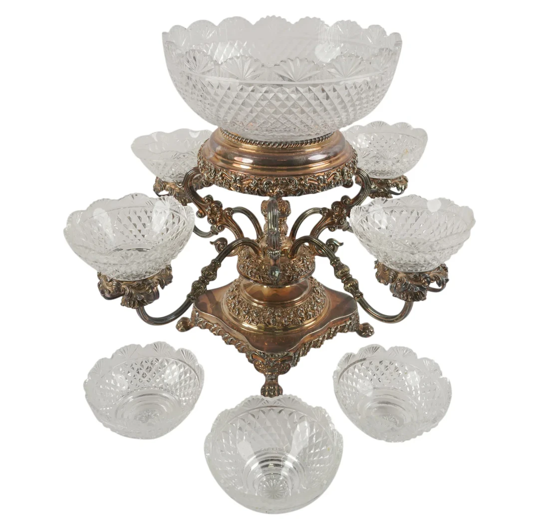 An English Silver Plate and Crystal Epergne