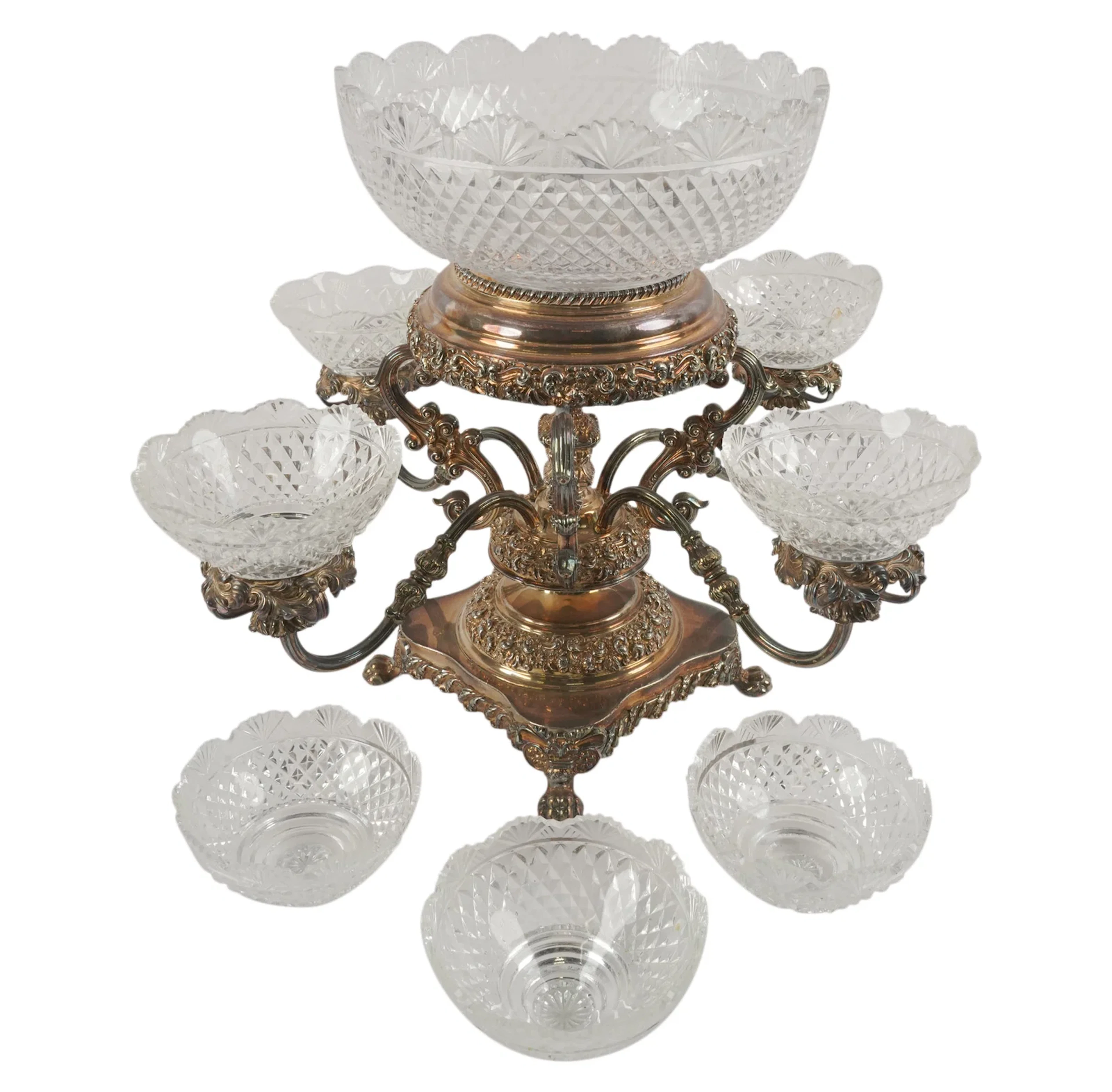 An English Silver Plate and Crystal Epergne