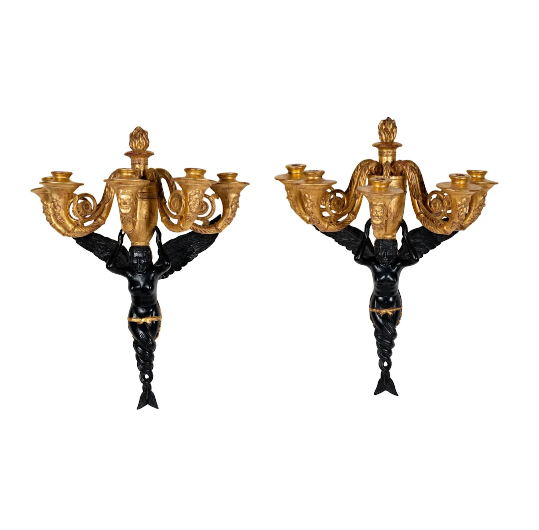 A Pair of French Empire Style Giltwood Figural Wall Sconces