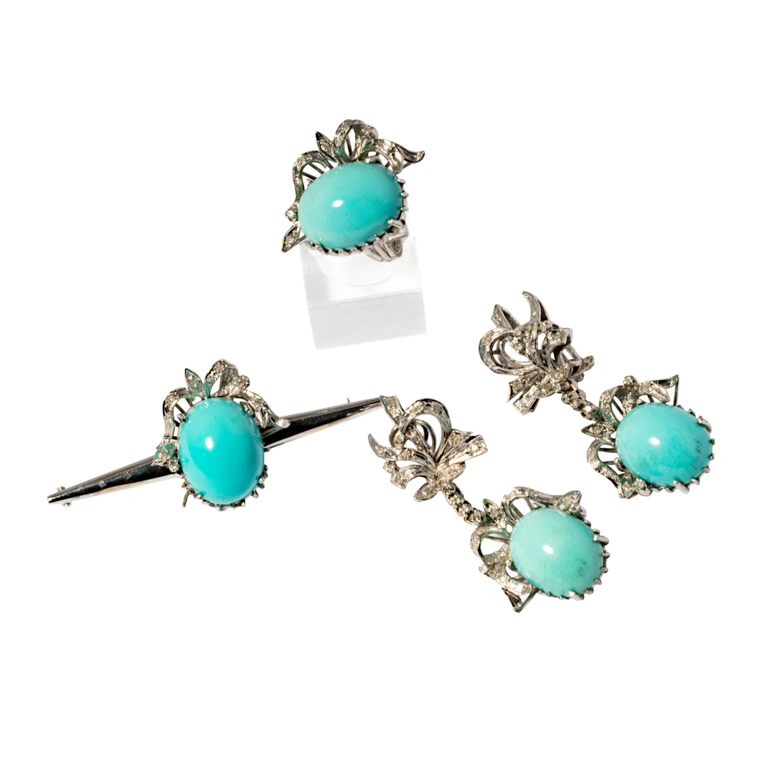 Platinum Turquoise and Diamond Ring, Earring and Brooch Suite
