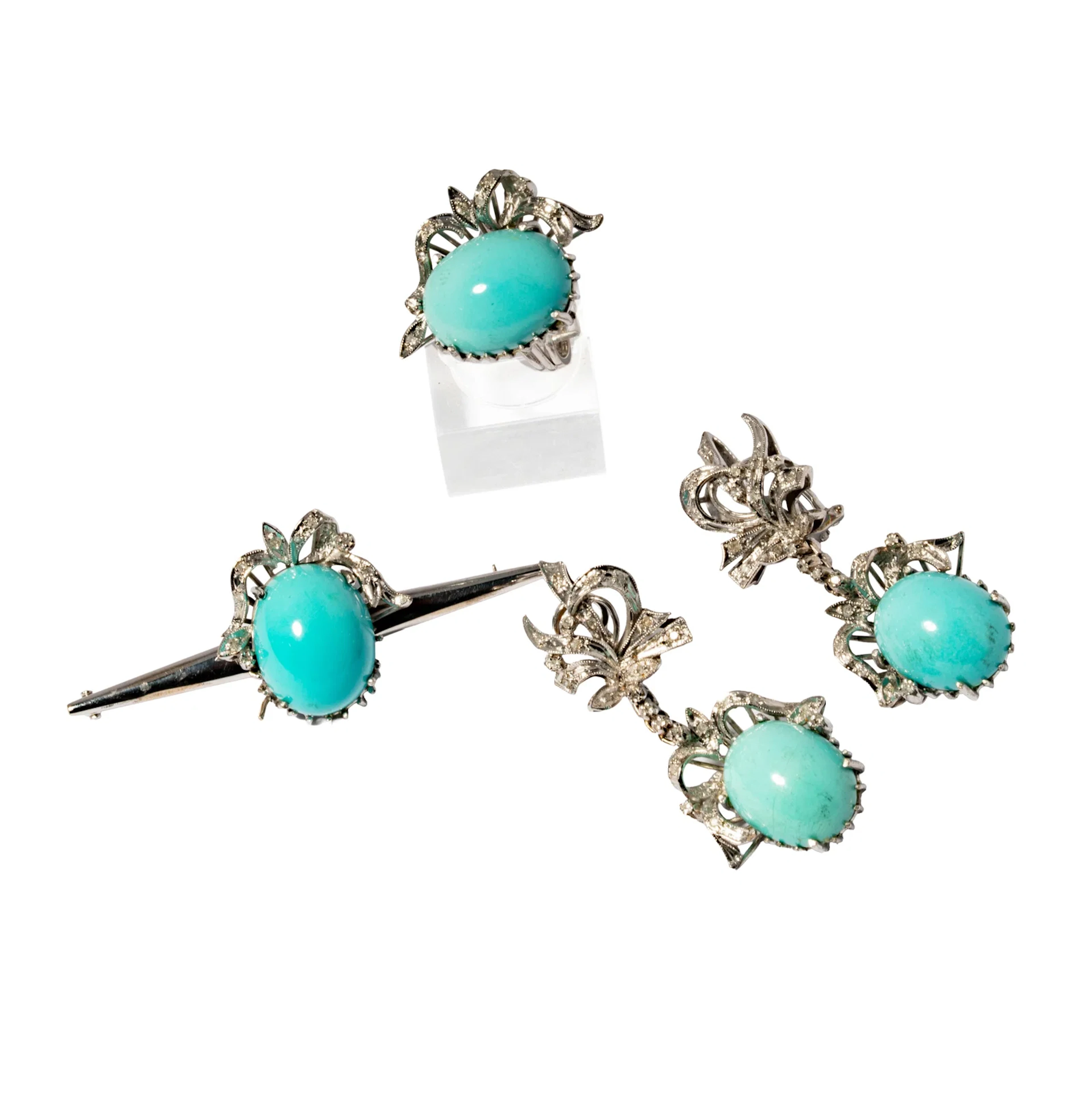 Platinum Turquoise and Diamond Ring, Earring and Brooch Suite