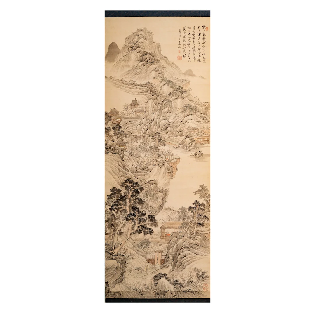 A Chinese Scroll Painting of Scholars in Landscape