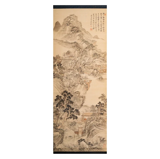A Chinese Scroll Painting of Scholars in Landscape