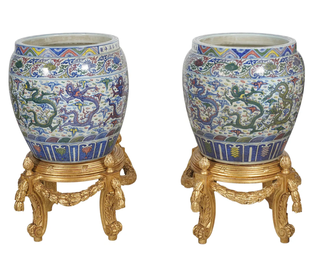 A Pair of Chinese Porcelain Planters on Wood Bases