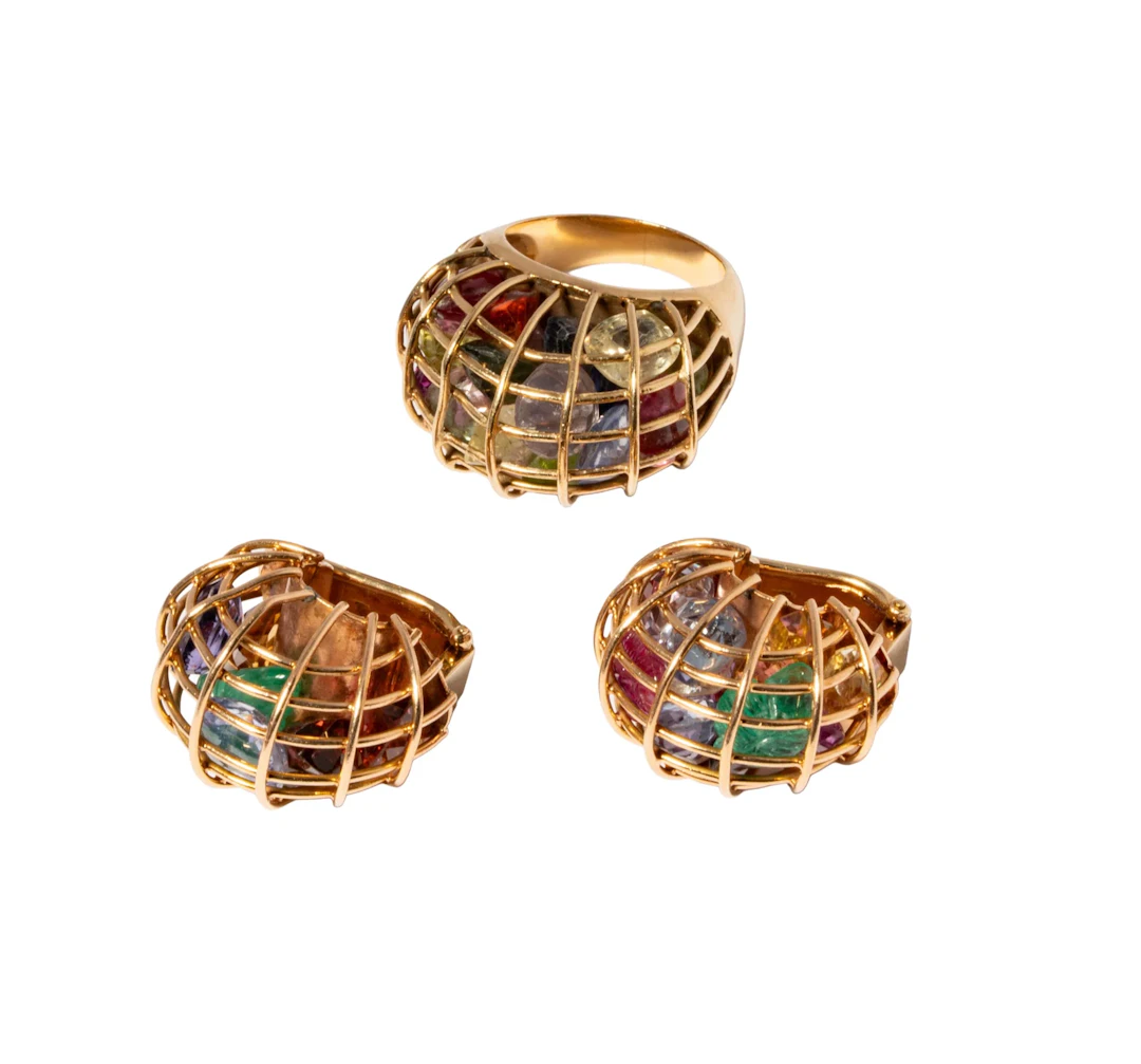 14-Karat Yellow Gold Dome Cage Gem-set Ring and Earring Suite