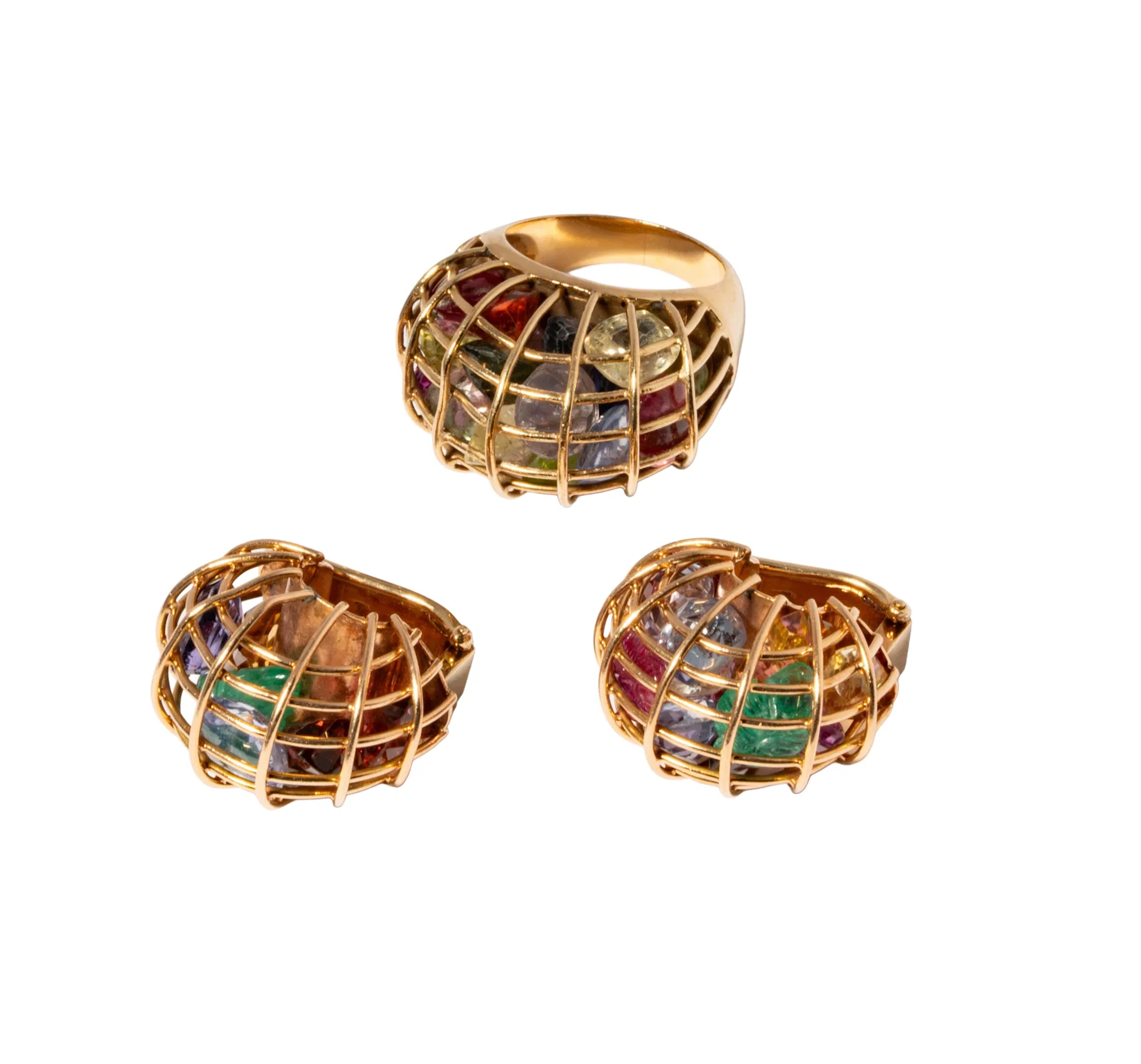 14-Karat Yellow Gold Dome Cage Gem-set Ring and Earring Suite