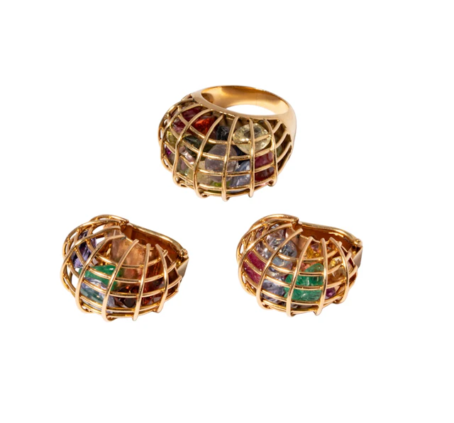 14-Karat Yellow Gold Dome Cage Gem-set Ring and Earring Suite