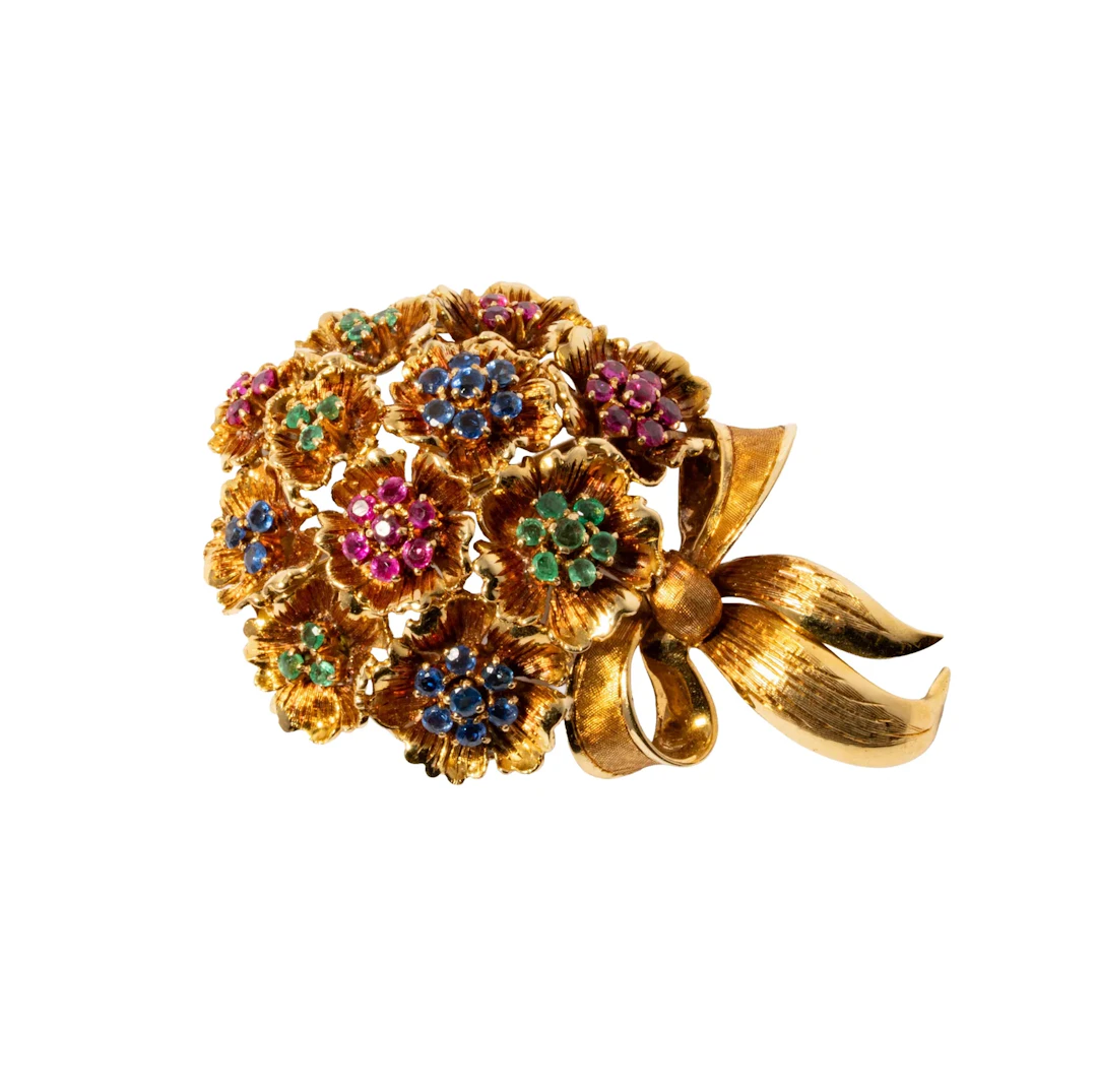 18 Karat Yellow Gold Gem-set Floral Brooch