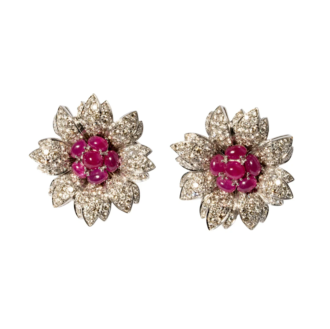 Giovane 18-Karat White Gold Ruby and Diamond Flower Earrings