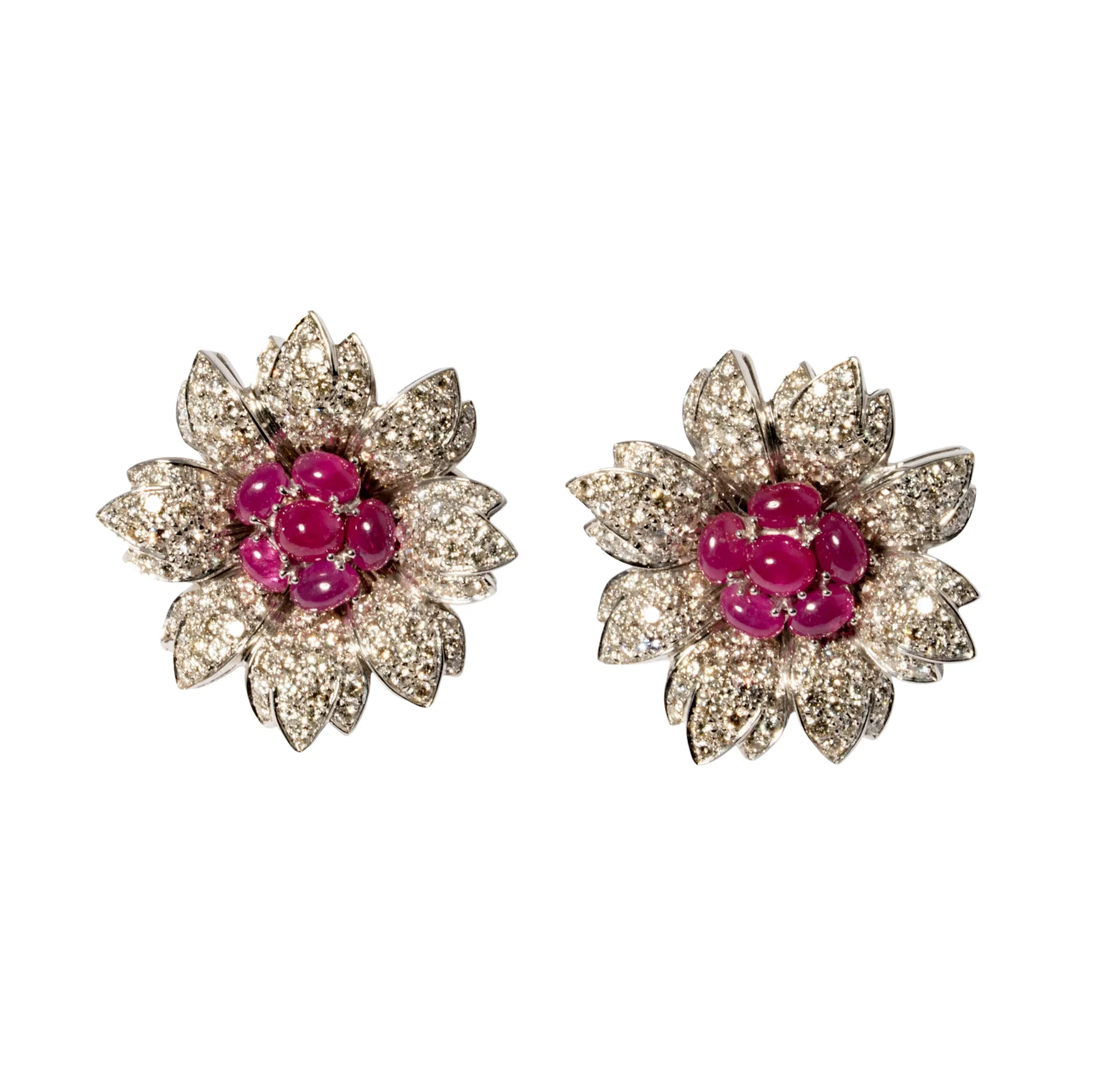 Giovane 18-Karat White Gold Ruby and Diamond Flower Earrings