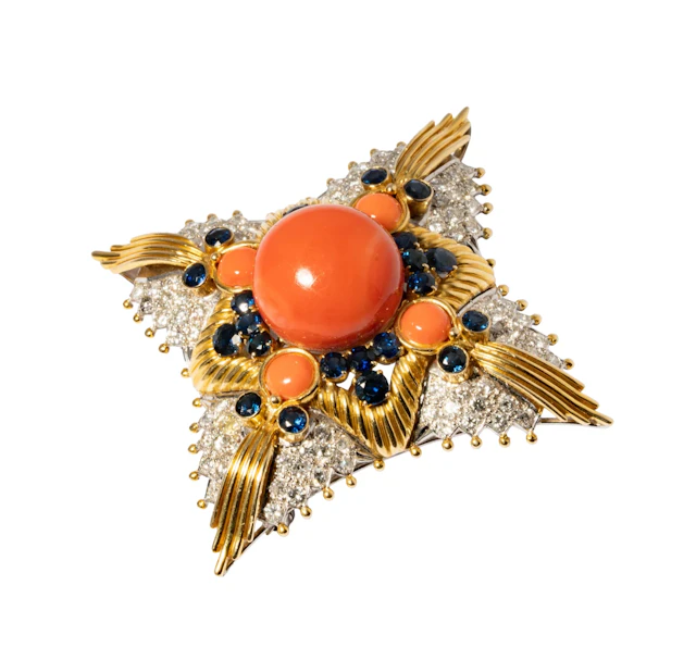 14-Karat Yellow and White Gold Coral, Sapphire and Diamond Brooch/Pendant
