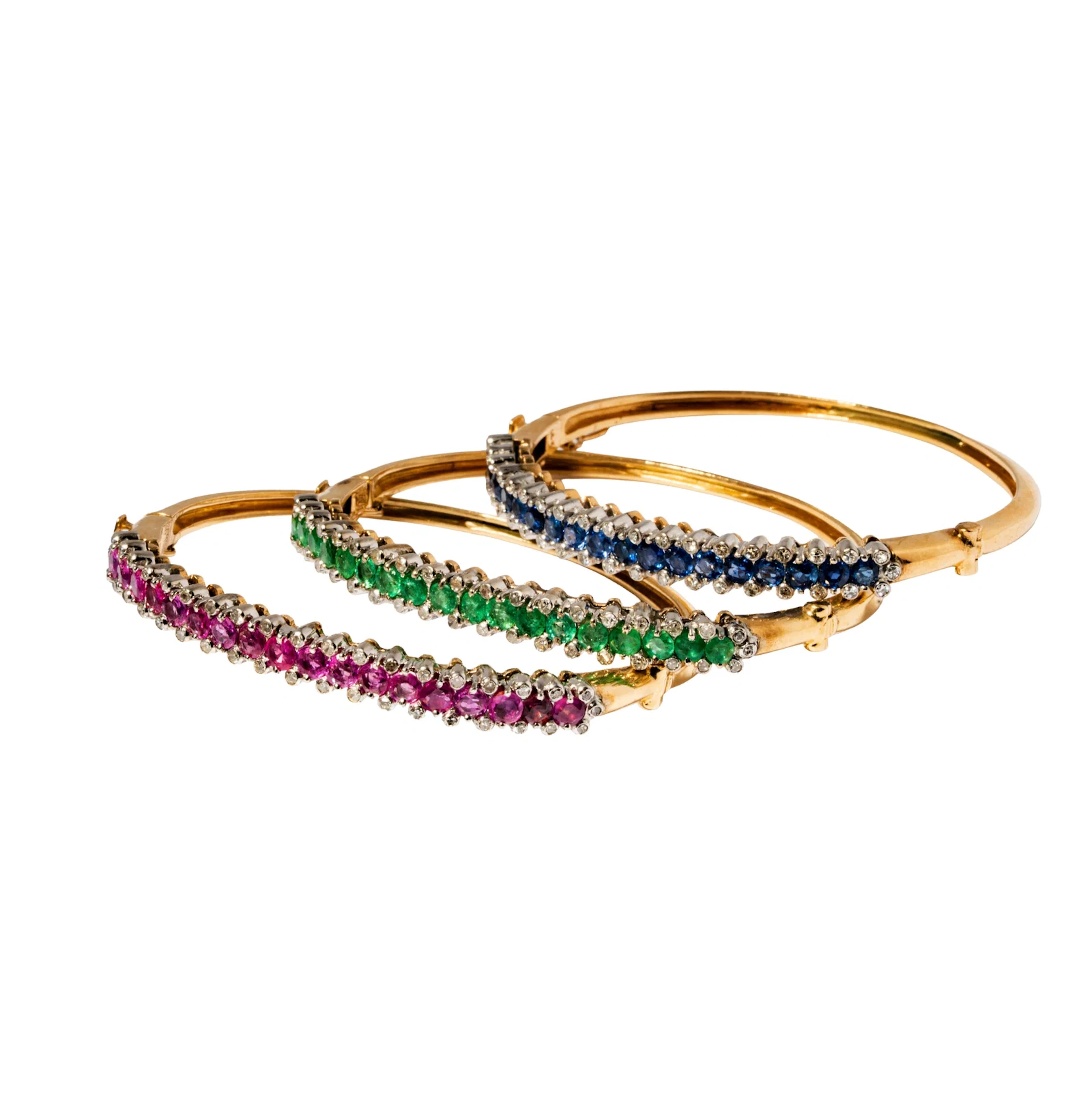 Three 14-Karat Yellow and White Gold Sapphire, Ruby and Emerald with