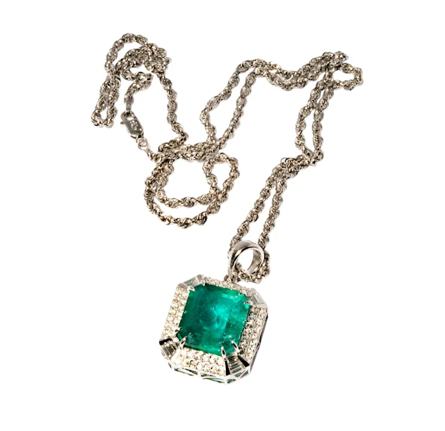 14-Karat White Gold Emerald and Diamond Pendant Necklace