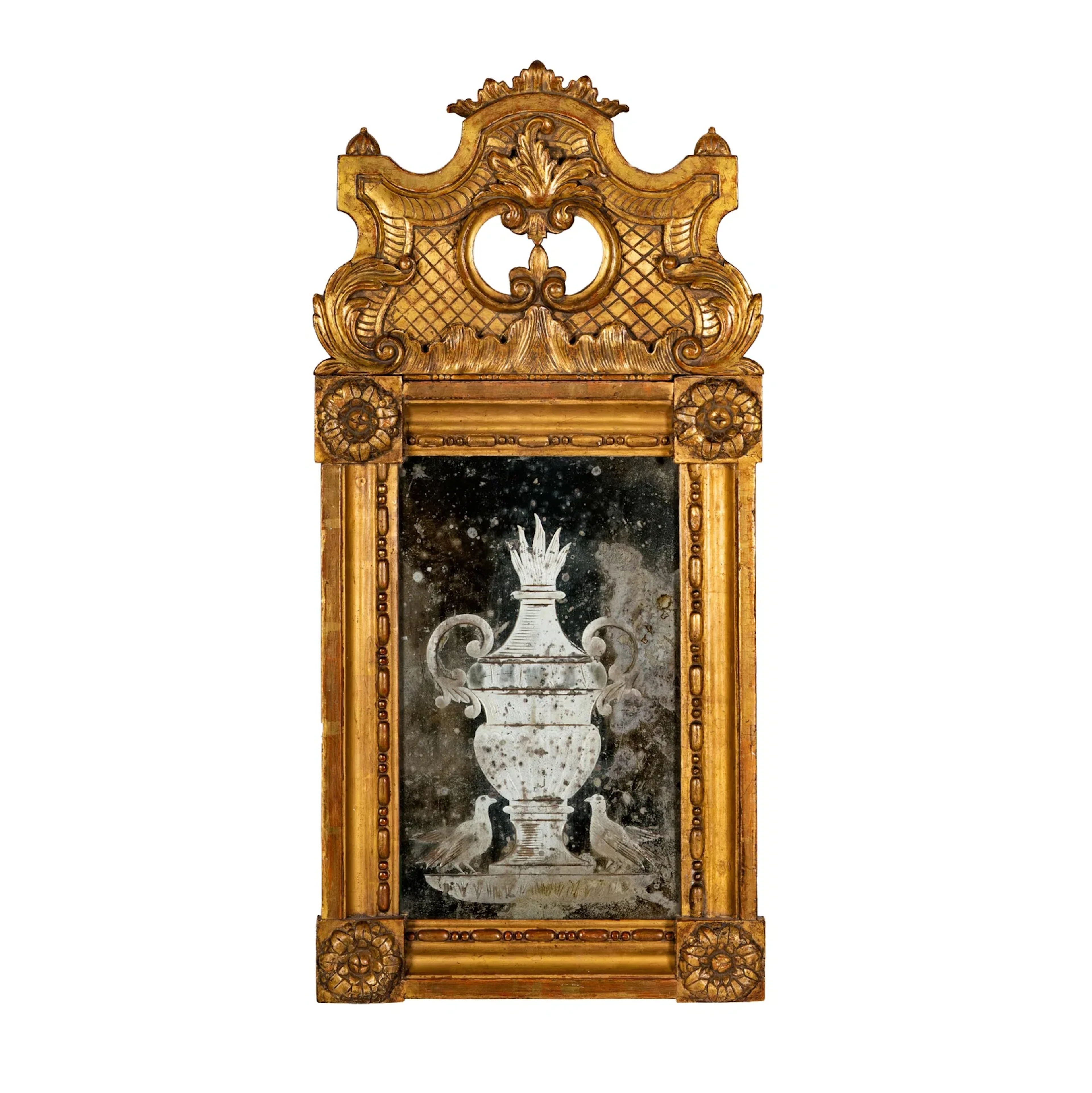 An Italian Baroque Style Giltwood and Etched Glass Mirror