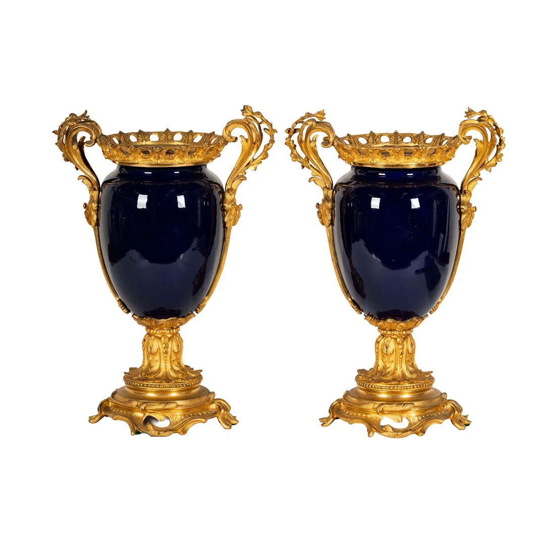 A Pair of Sevres Style Cobalt Ormolu Mounted Vases