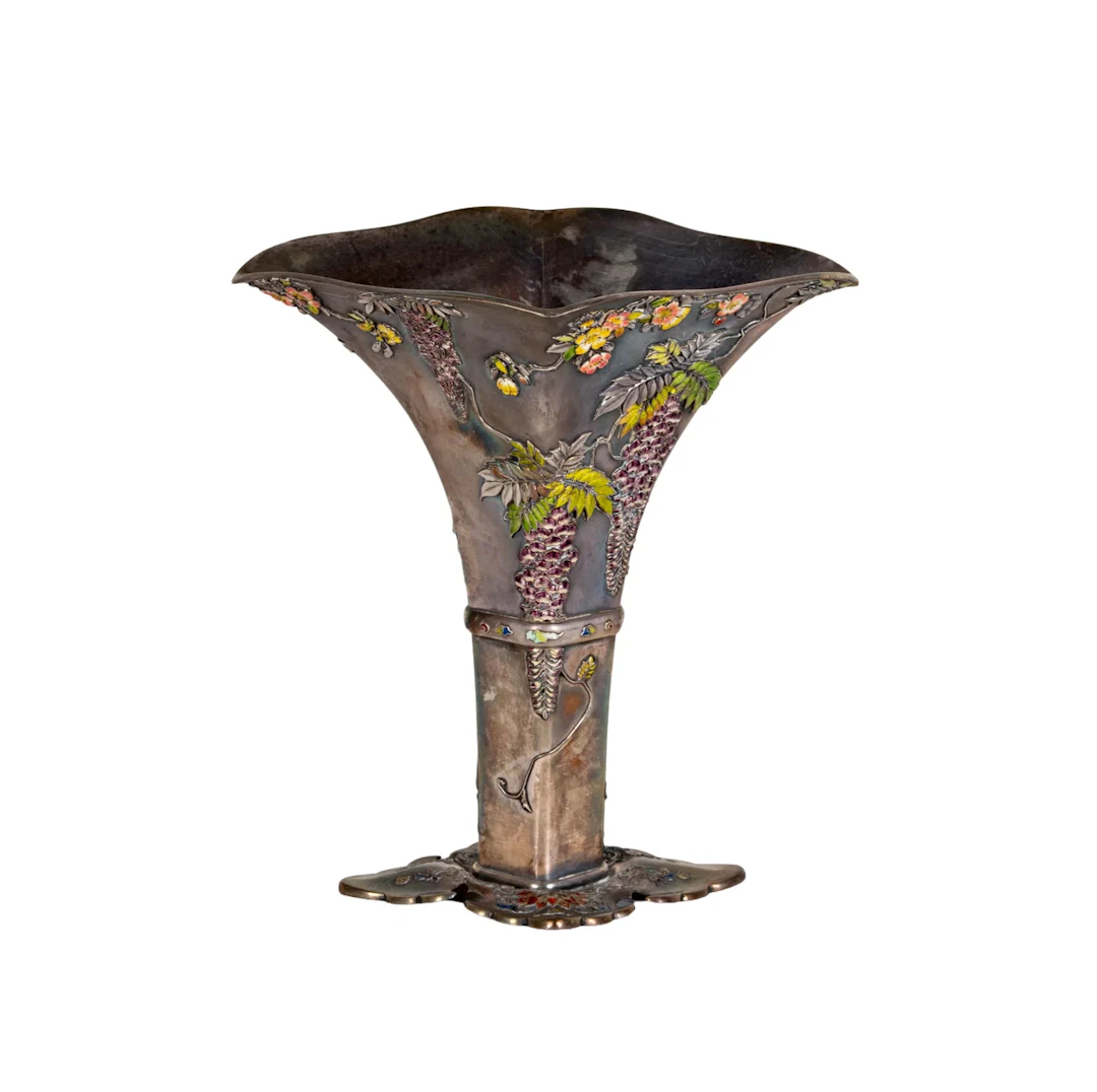 A Japanese Meiji Period Silver and Enamel Vase