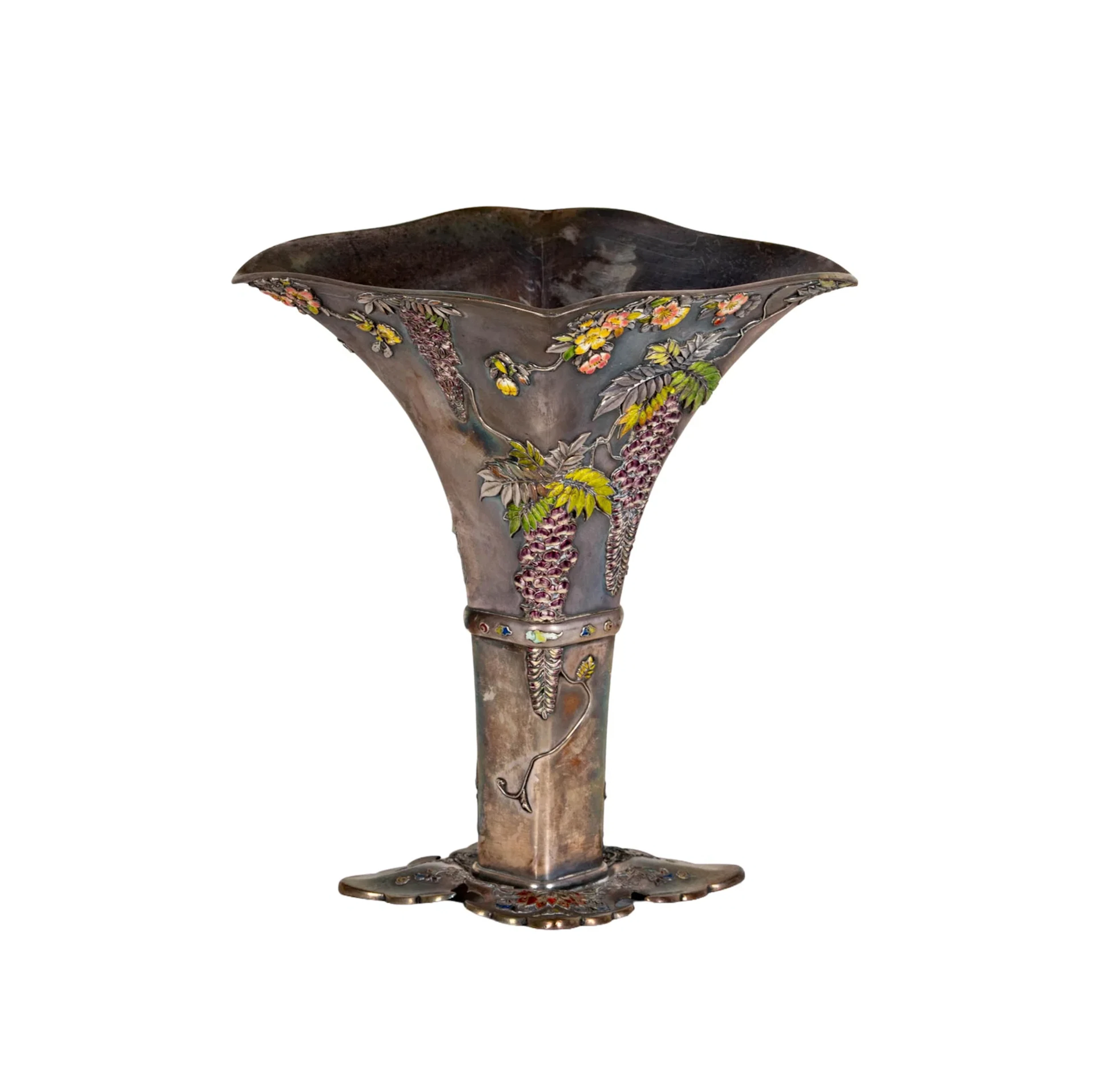 A Japanese Meiji Period Silver and Enamel Vase