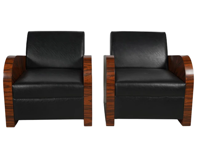 A Pair of Art Deco-Style Black Leather Upholstered Armchairs