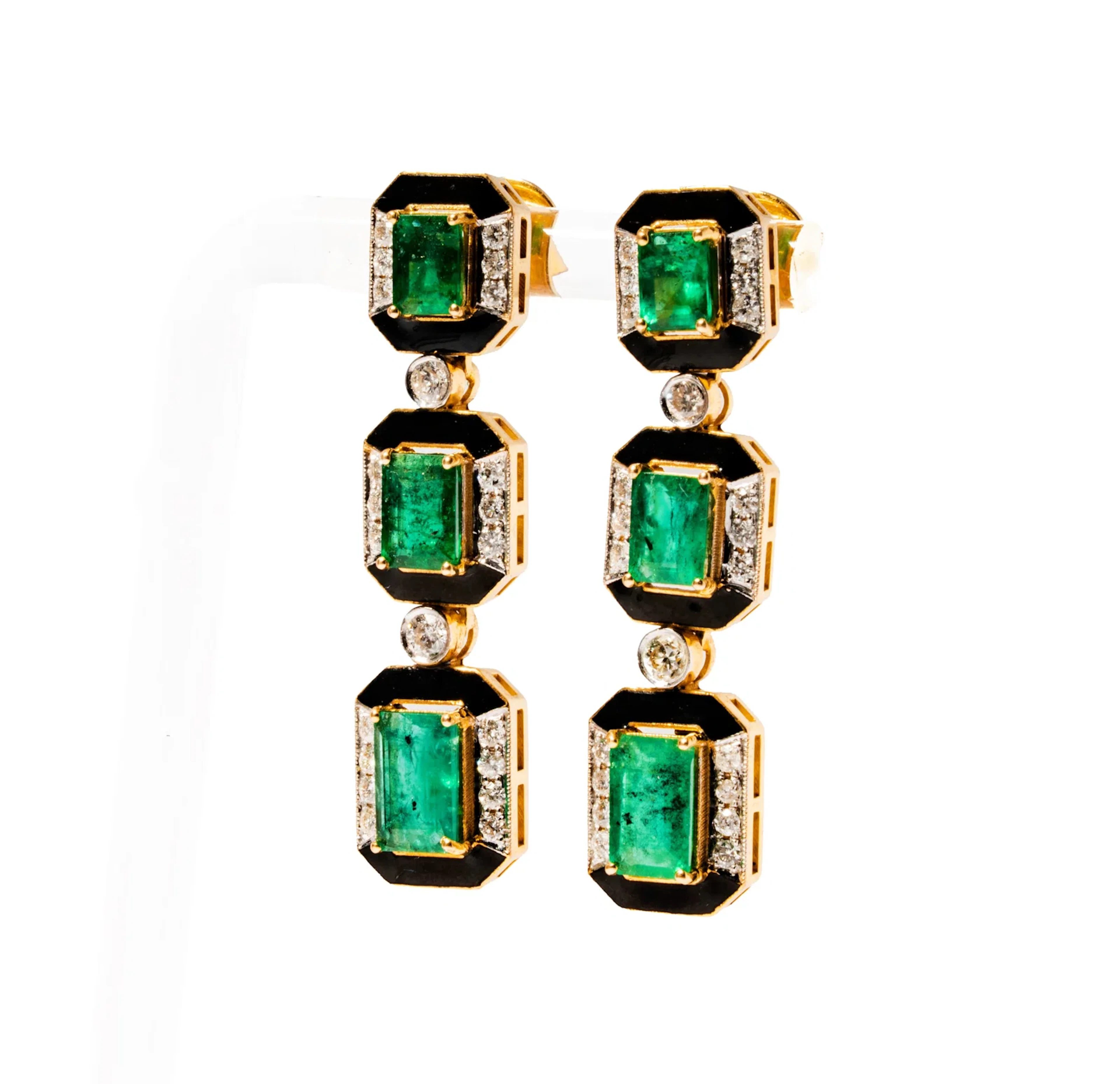 Art Deco Style, 14 Karat Yellow Gold, Diamond, and Emerald Drop Earrings
