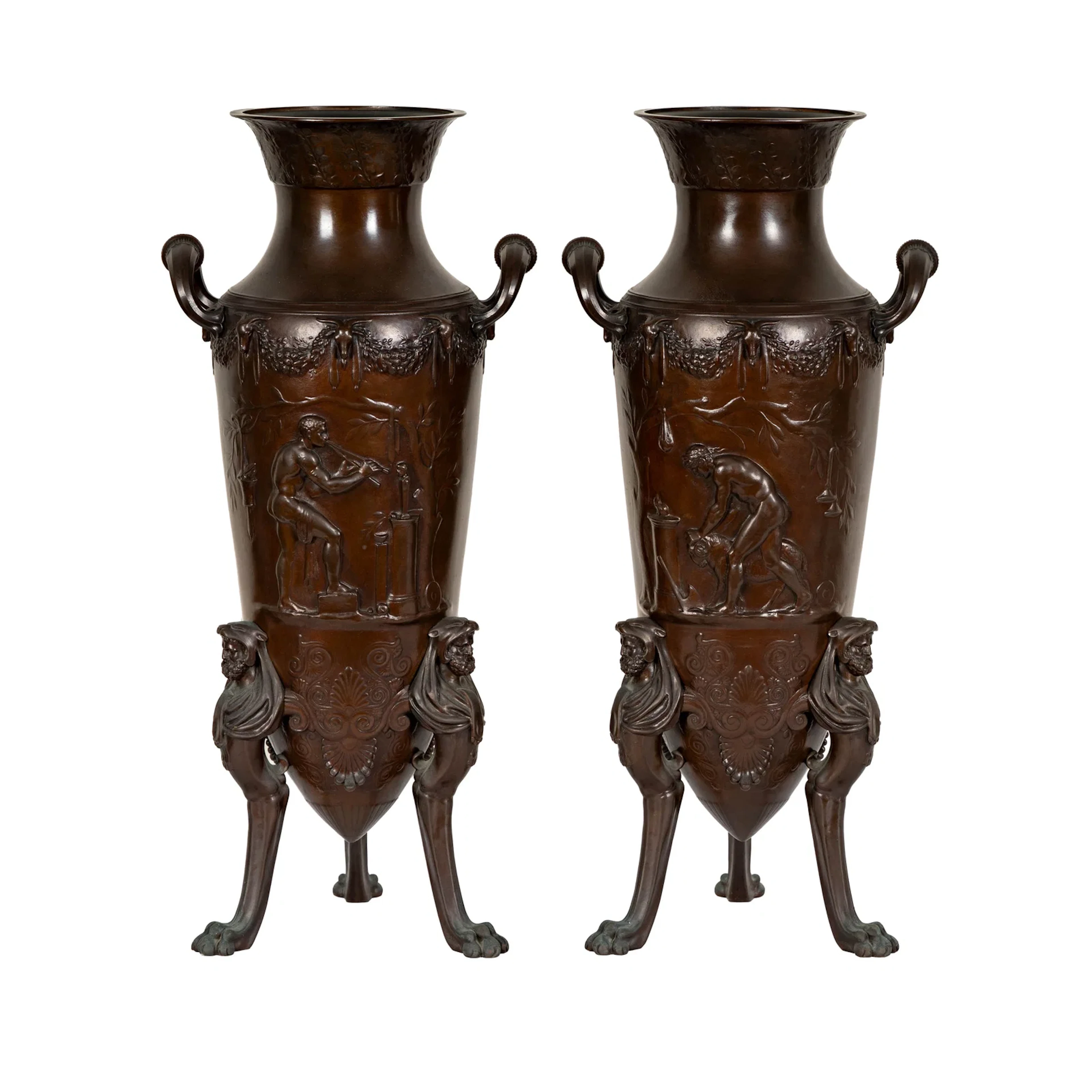 A Pair of French Ferdinand Levillain Bronze Urns