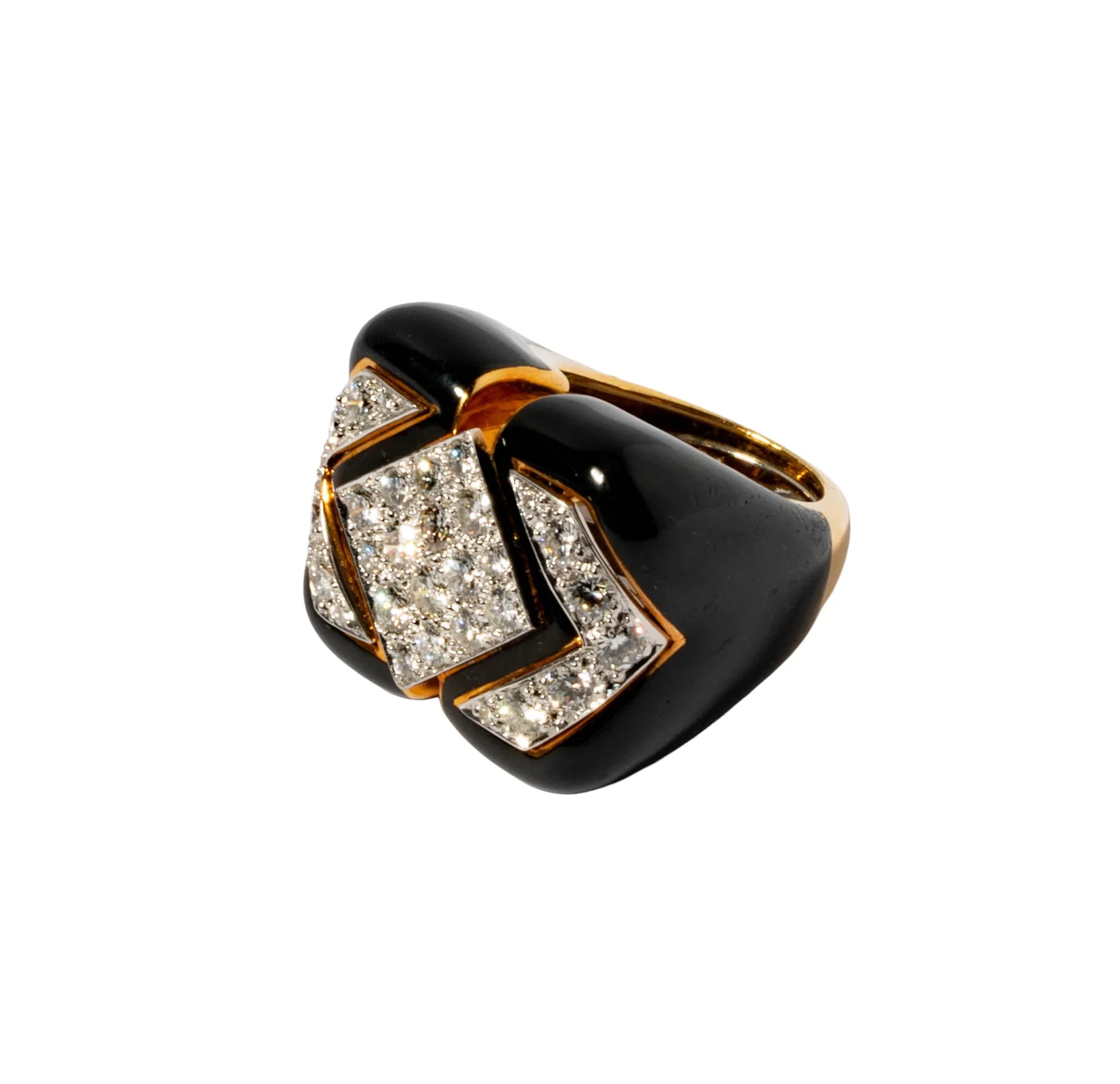 David Webb Diamond 18 Karat Yellow Gold and Platinum, Black Enamel Ring