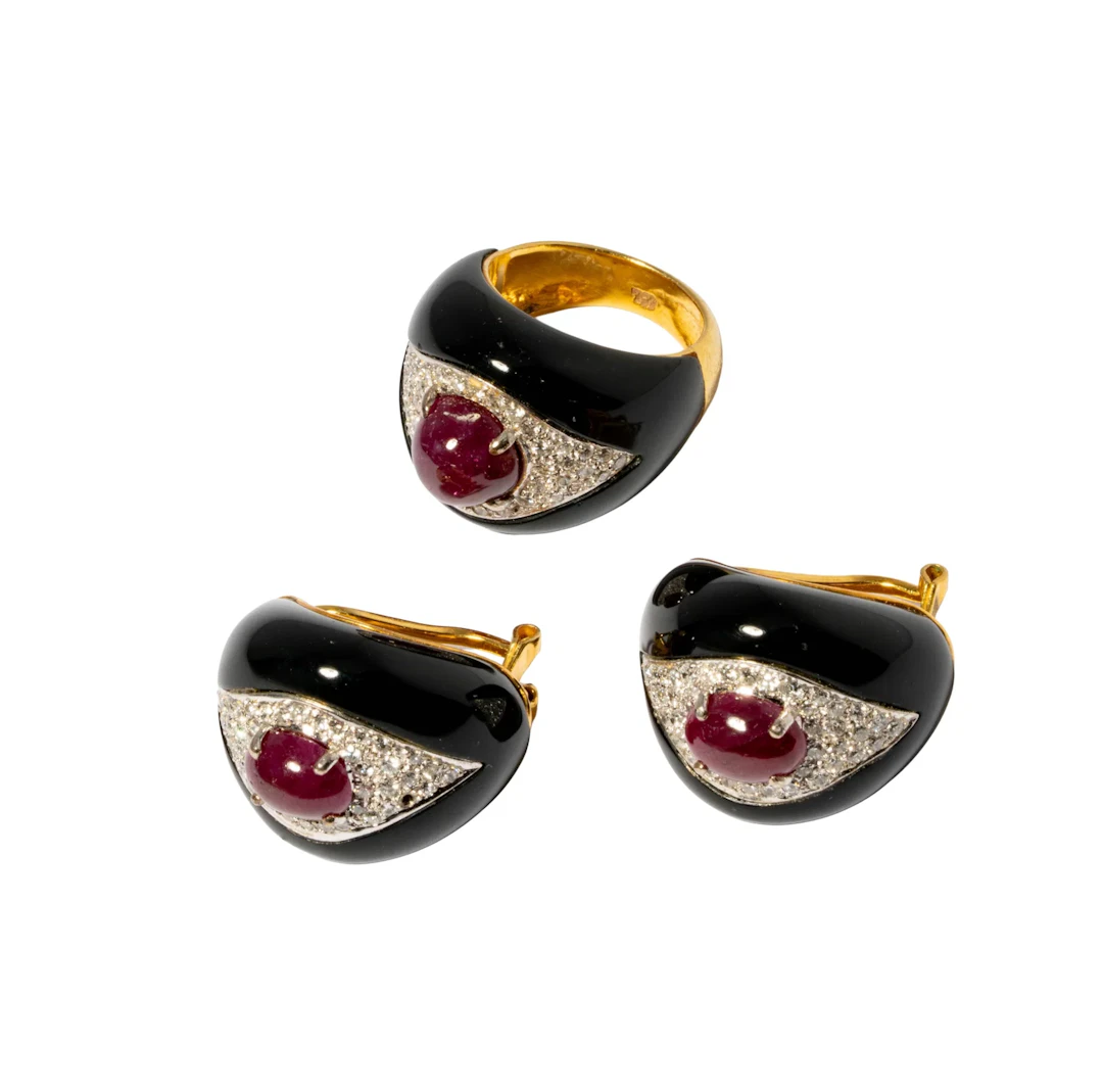 18-Karat Yellow and White Gold Ruby and Diamond Earrings and Ring Suite