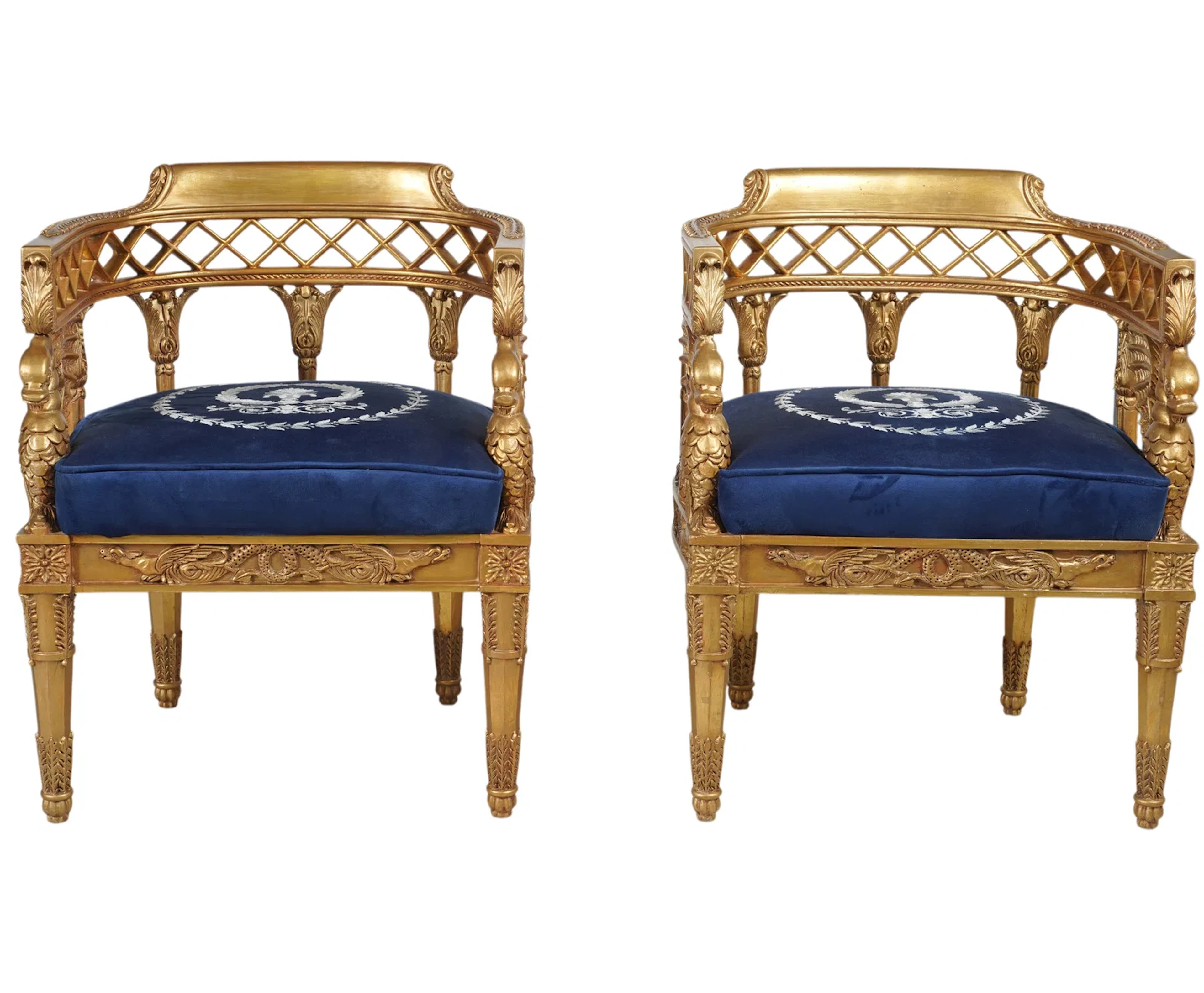 A Pair of Italian Neoclassical-Style Upholstered and Embroidered Armchairs