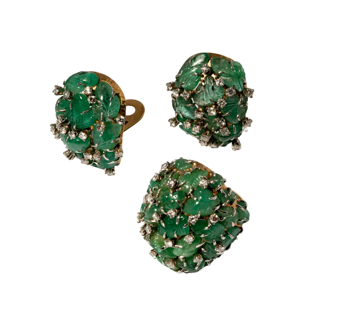 14-Karat Yellow and White Gold Emerald and Diamond Earrings and Ring Suite