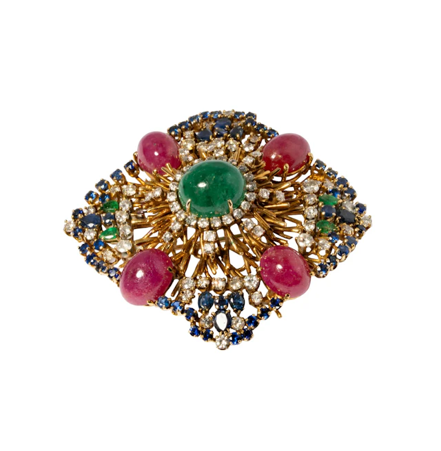 18-Karat Yellow Gold Emerald, Sapphire and Diamond Brooch