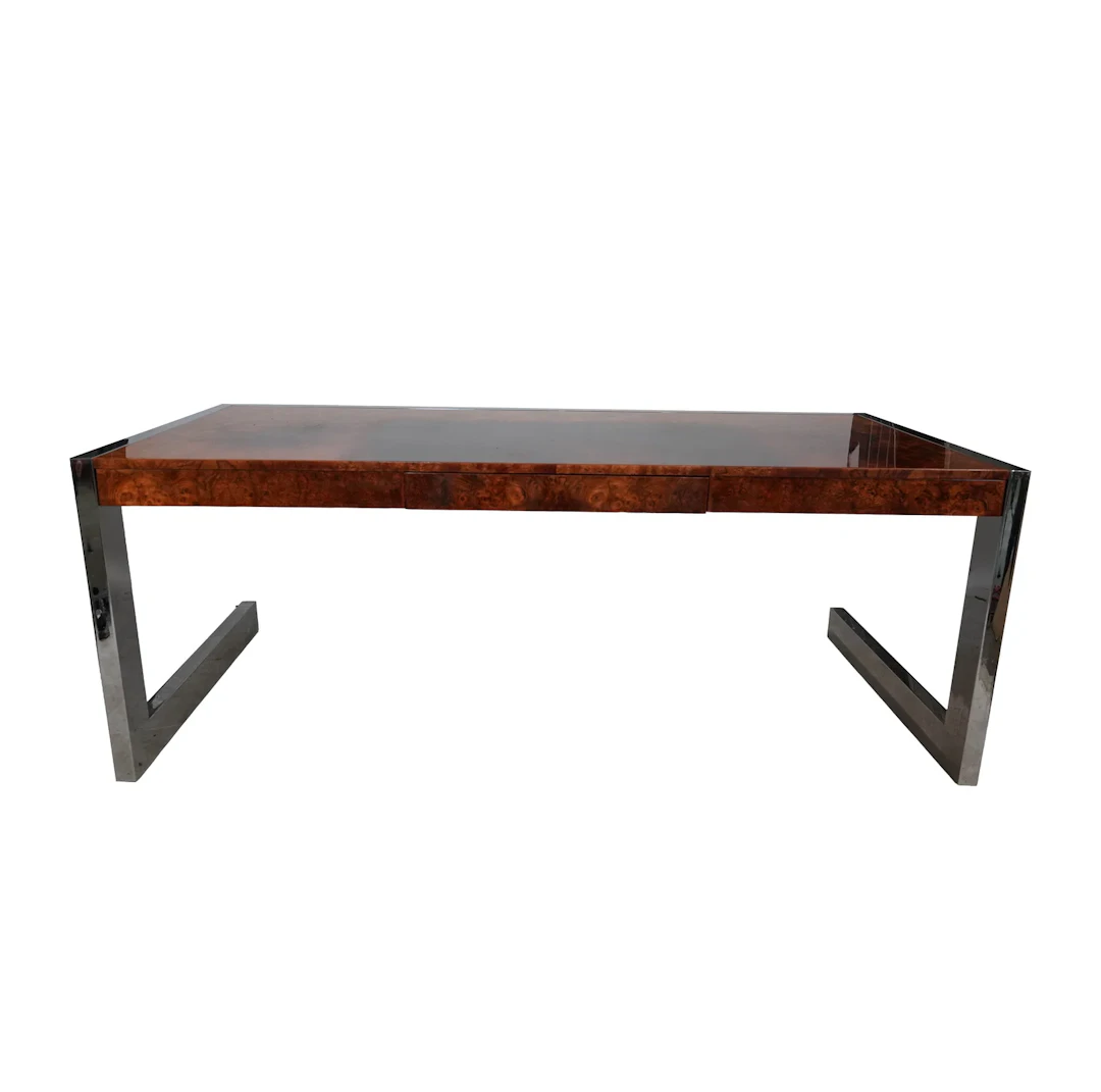 A Pace Polished Steel and Burlwood Bureau Plat