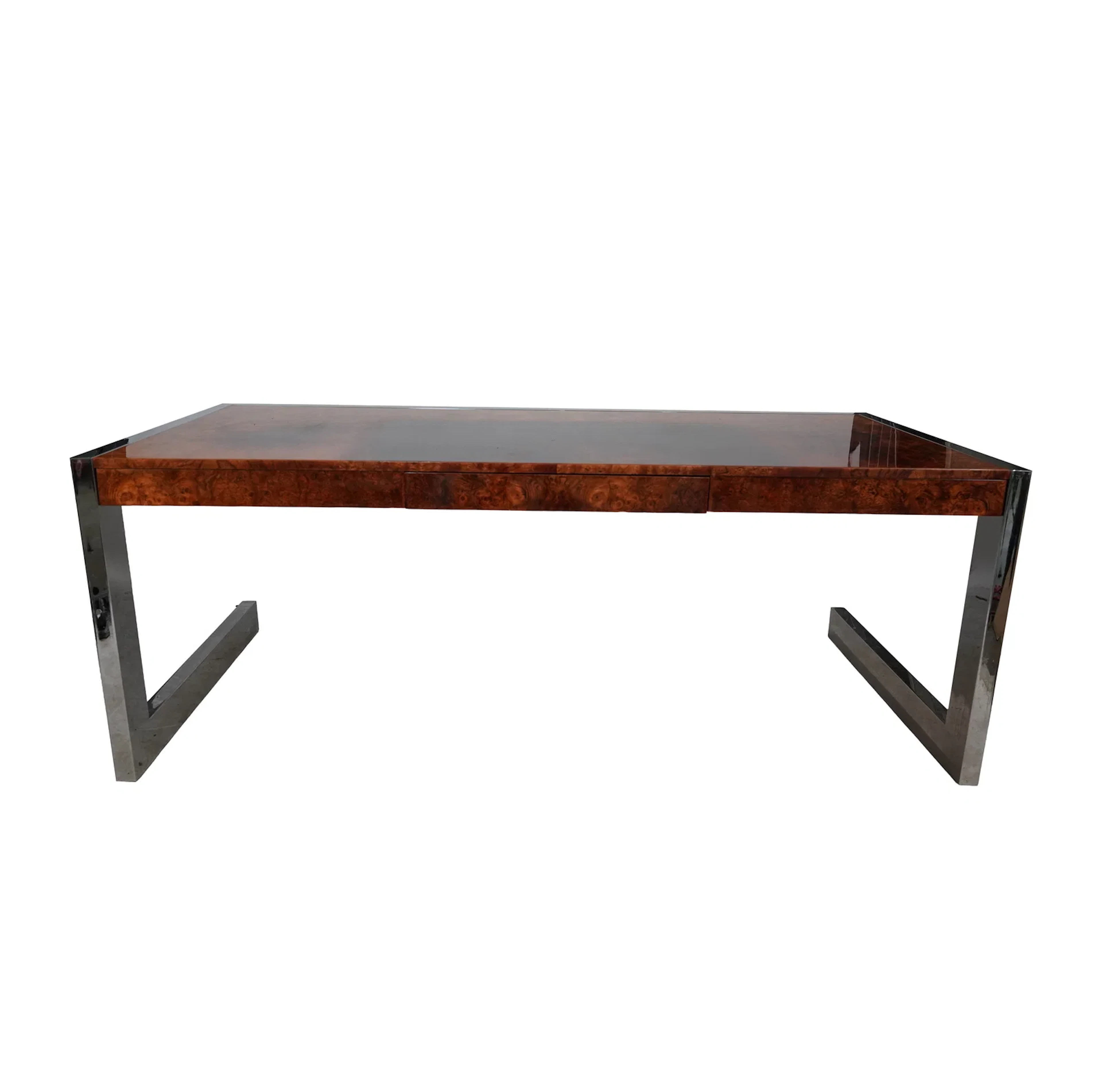 A Pace Polished Steel and Burlwood Bureau Plat