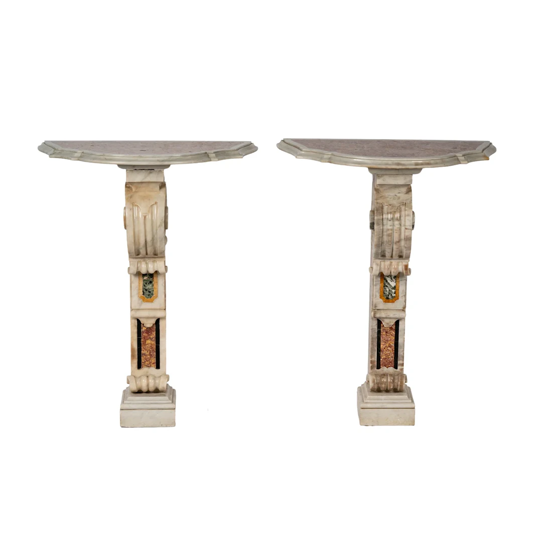 A Pair of Italian Neoclassical Marble Inlaid Console Tables