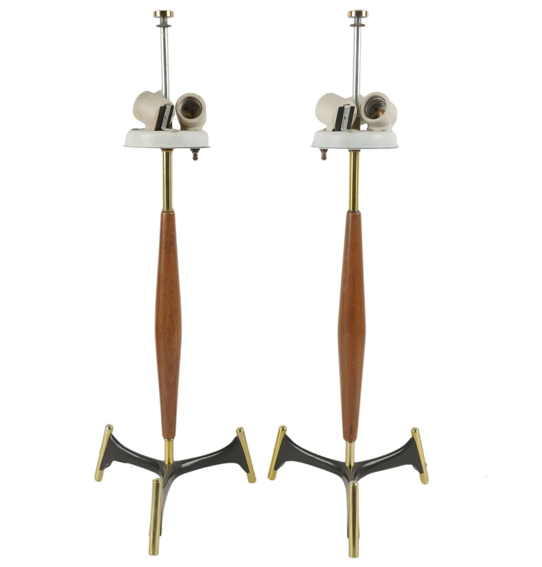 Pair of Gerald Thurston for Lightolier Wood and Brass Table Lamps