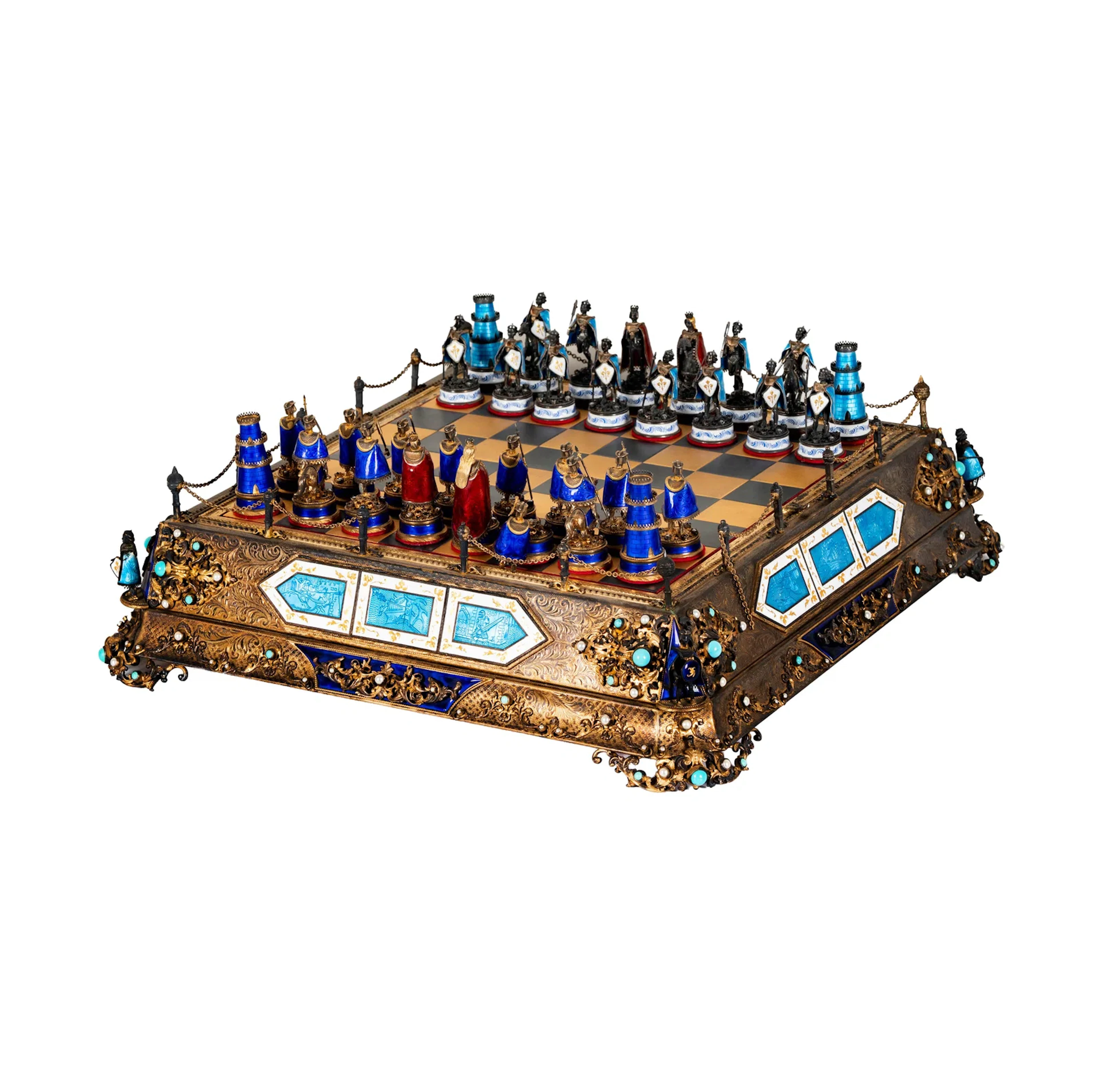 An Austro-Hungarian Silver, Gilt Silver, and Enamel Chess Set