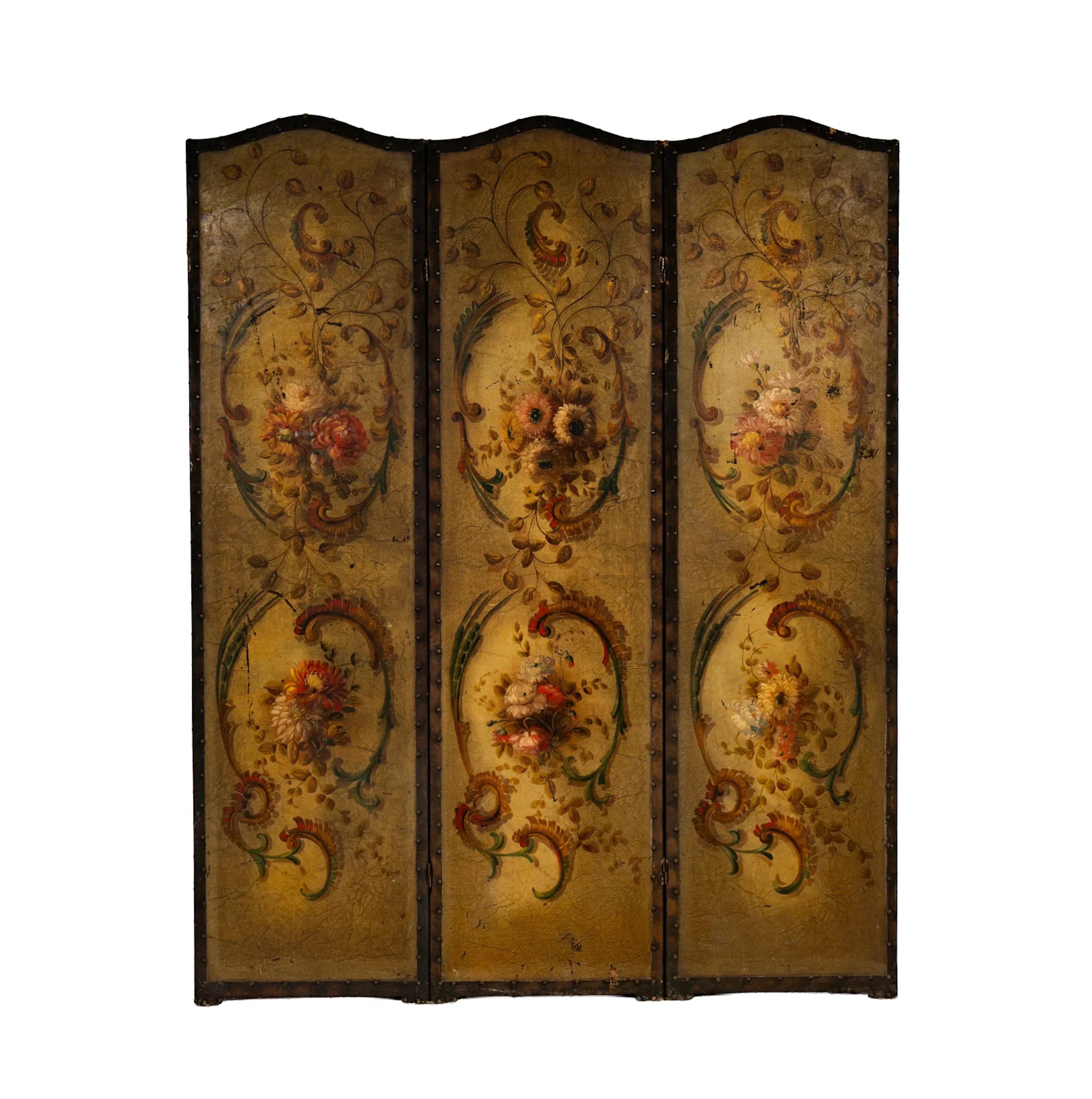 Three Panel Painted Leather Screen