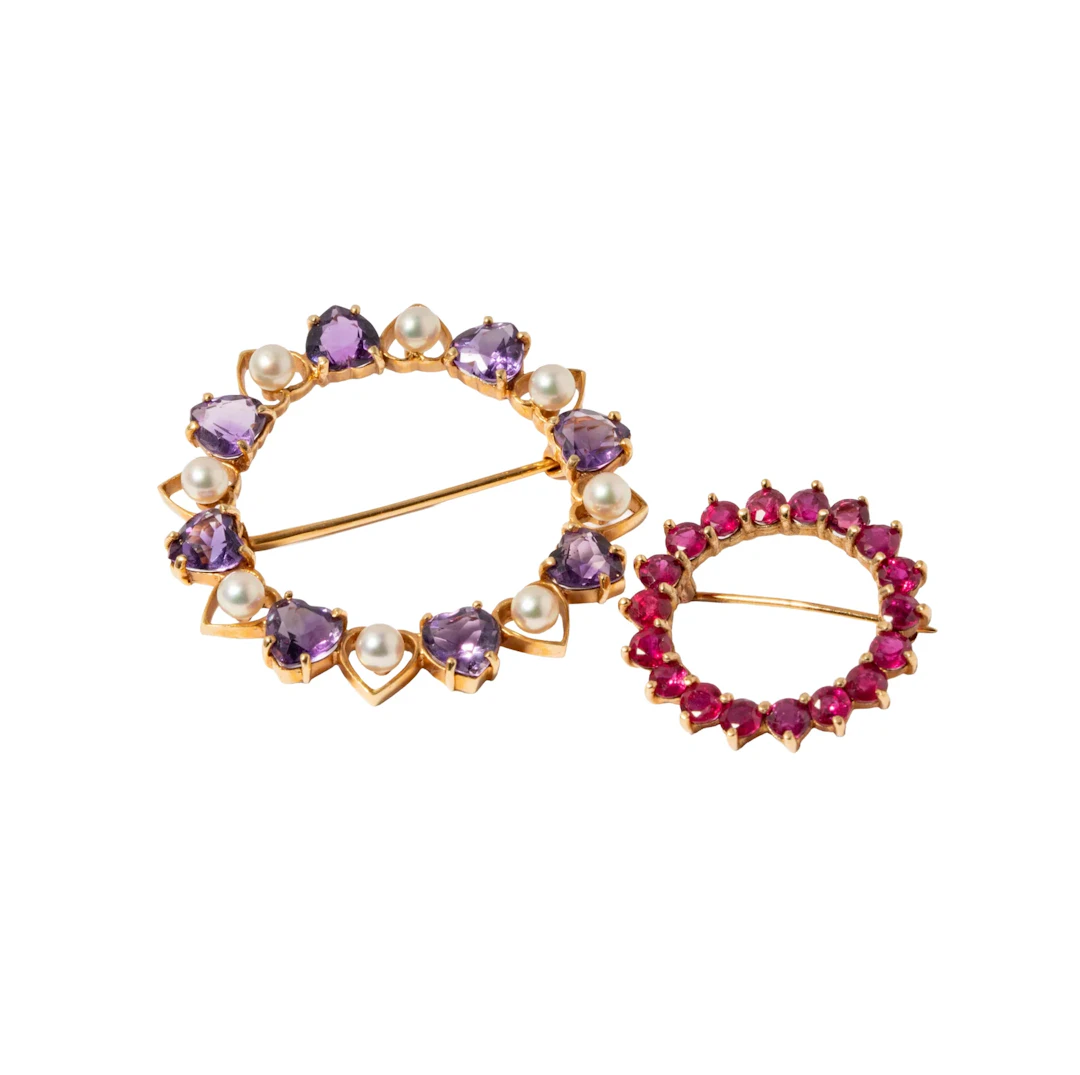Two 14 Karat Yellow Gem-set Brooch