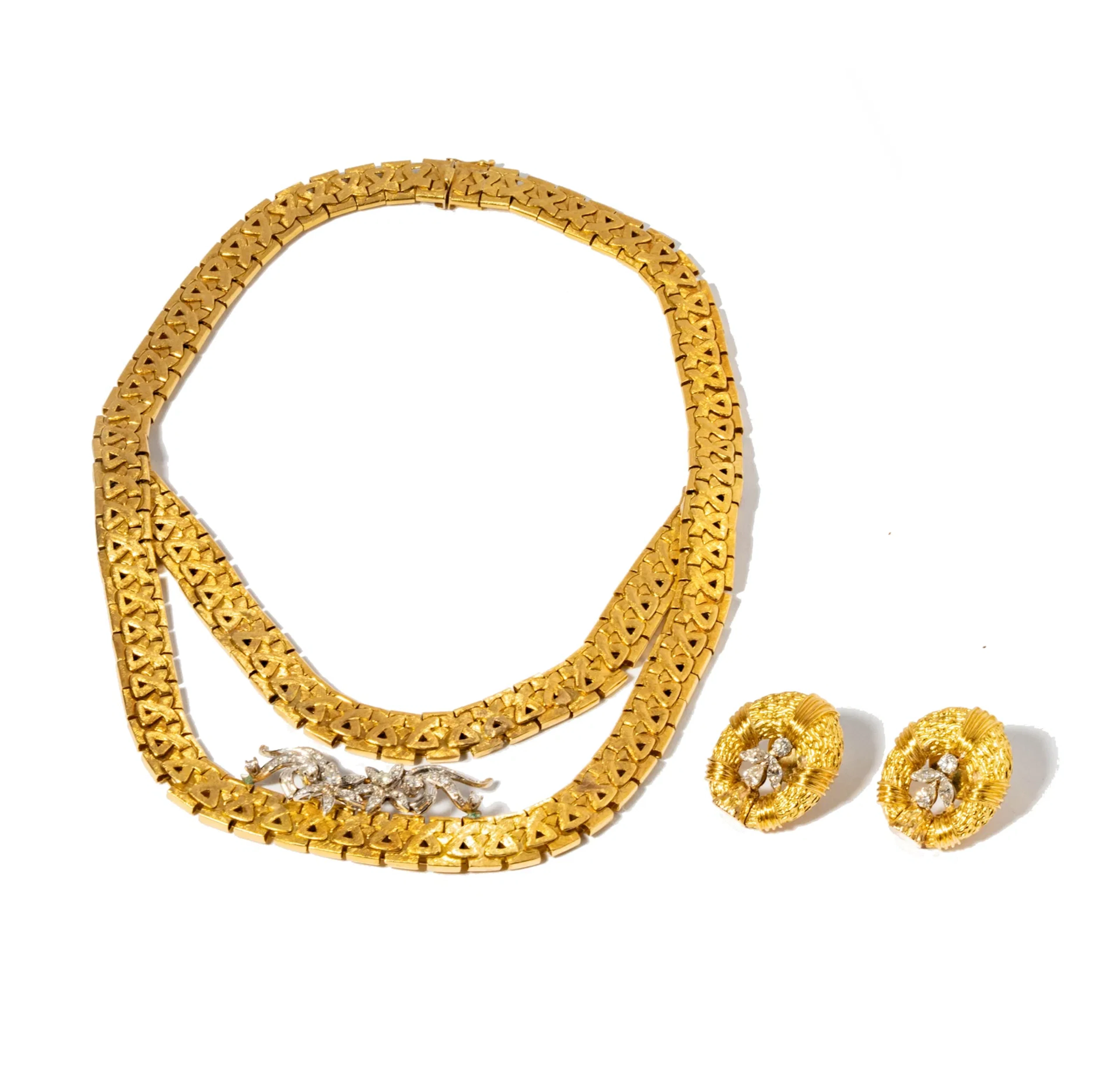 18 and 14 Karat Yellow Gold Diamond Necklace and Earrings