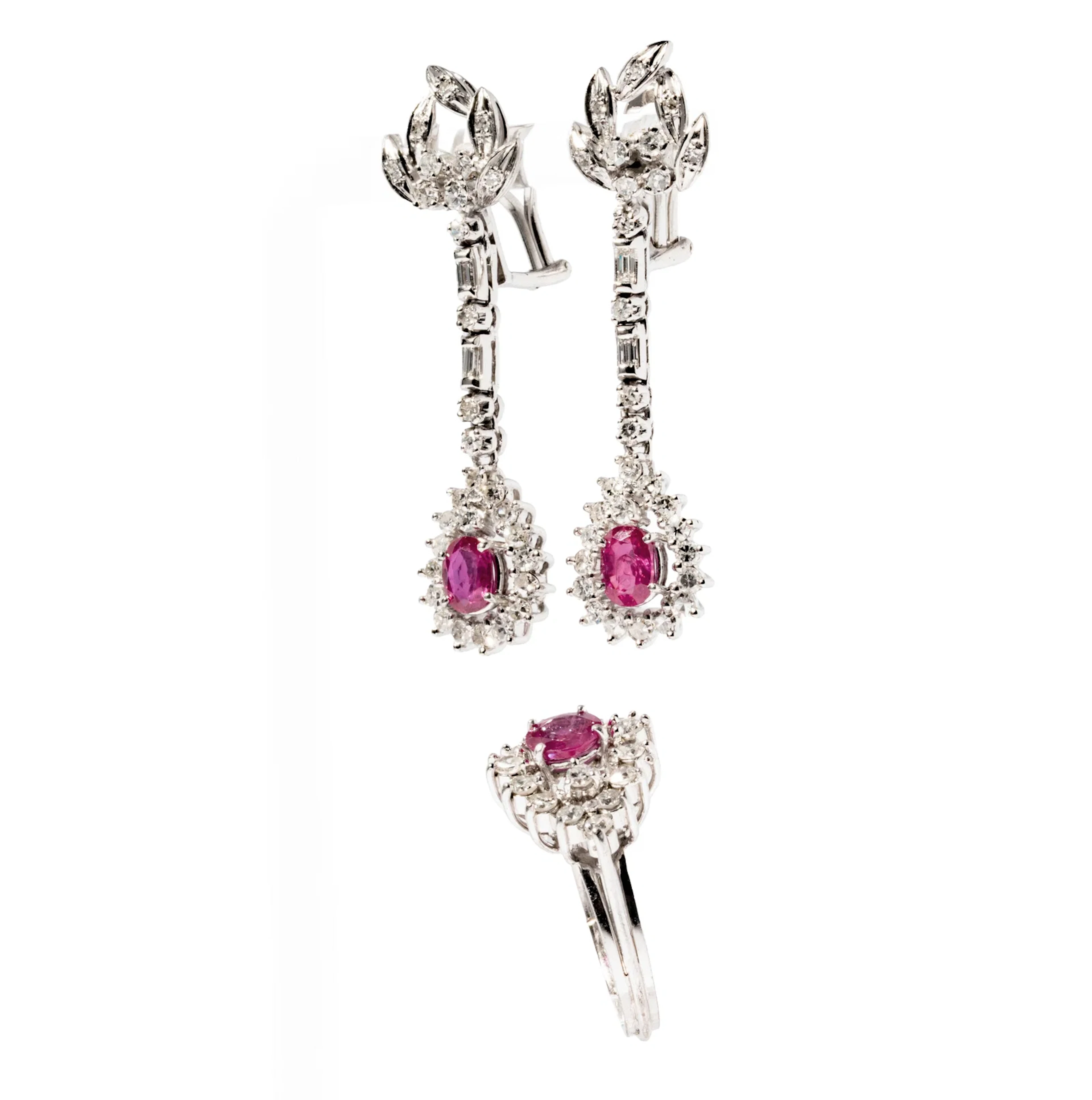 Platinum, White Gold, Diamond, Ruby Earrings and Ring