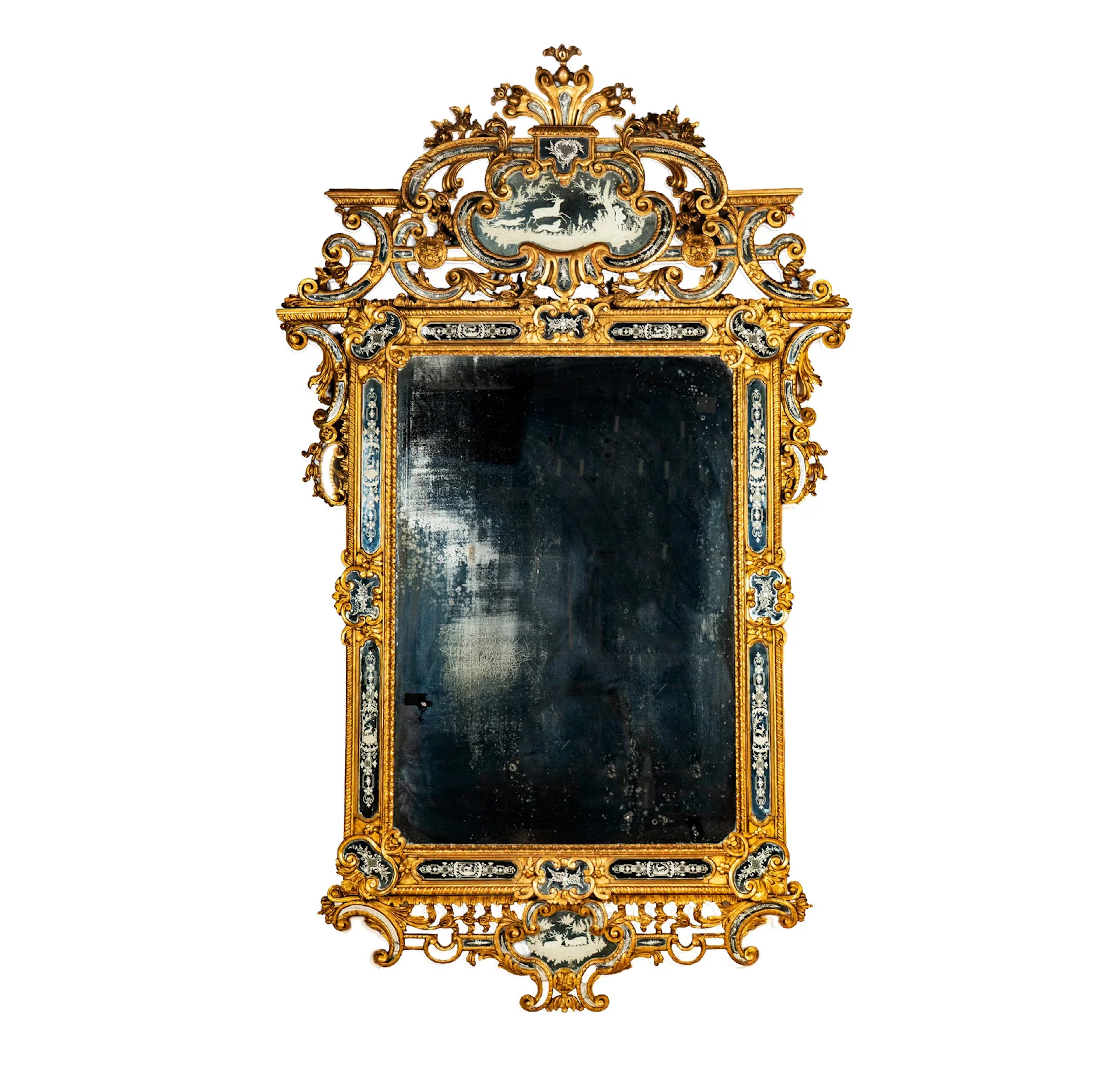 A Superb Italian Rococo style Giltwood and Etched Palatial Mirror