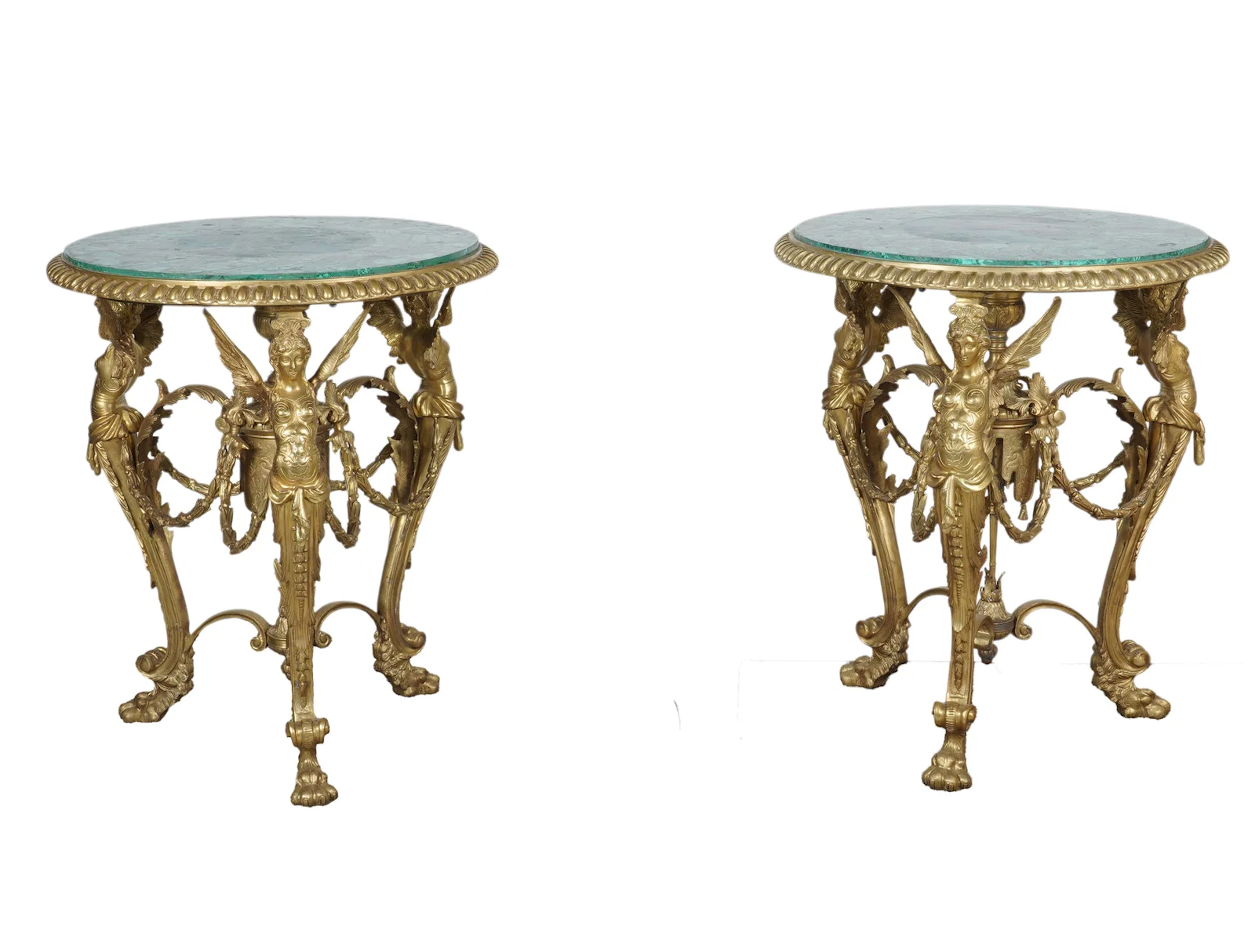 A Pair of French Regence-Style Gilt Bronze Figural Tables