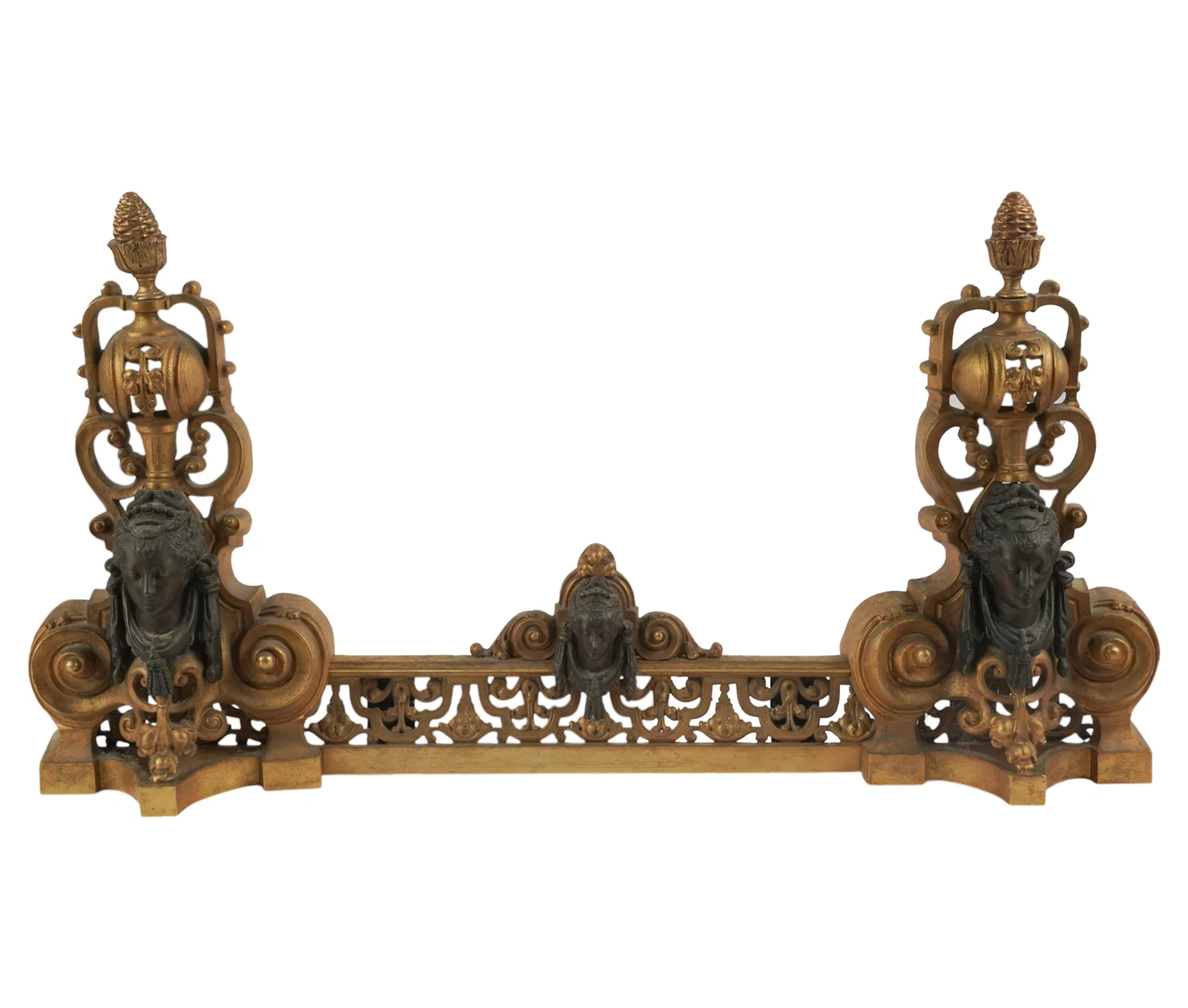 French Gilt Metal Chenets with Fender