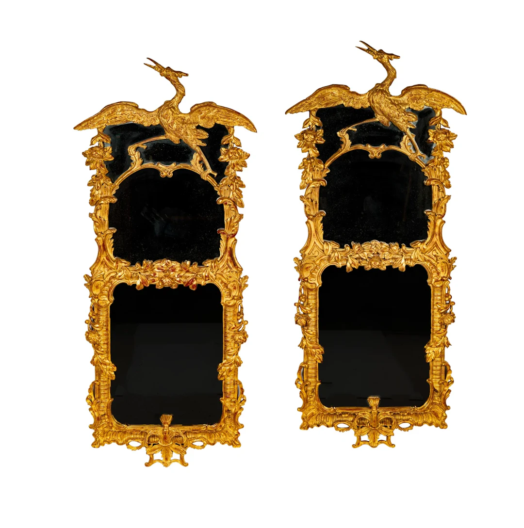 A Pair of Burton Ching George II Giltwood Carved Ho Ho Mirrors