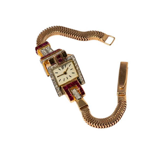 18-karat Yellow Gold Retro Ruby and Diamond Watch