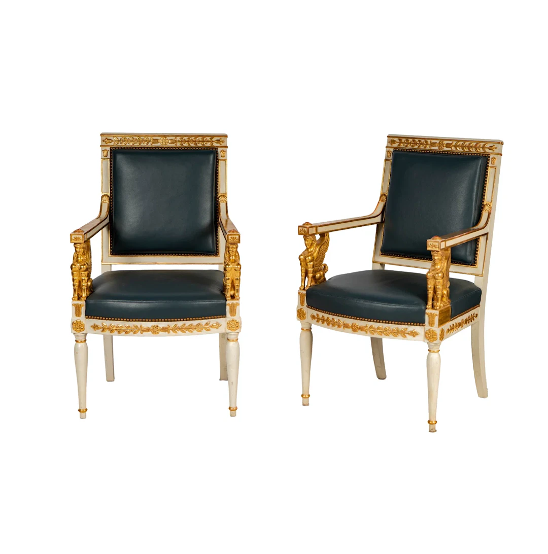 A Pair of French Empire-Style Gilt and Painted Armchairs