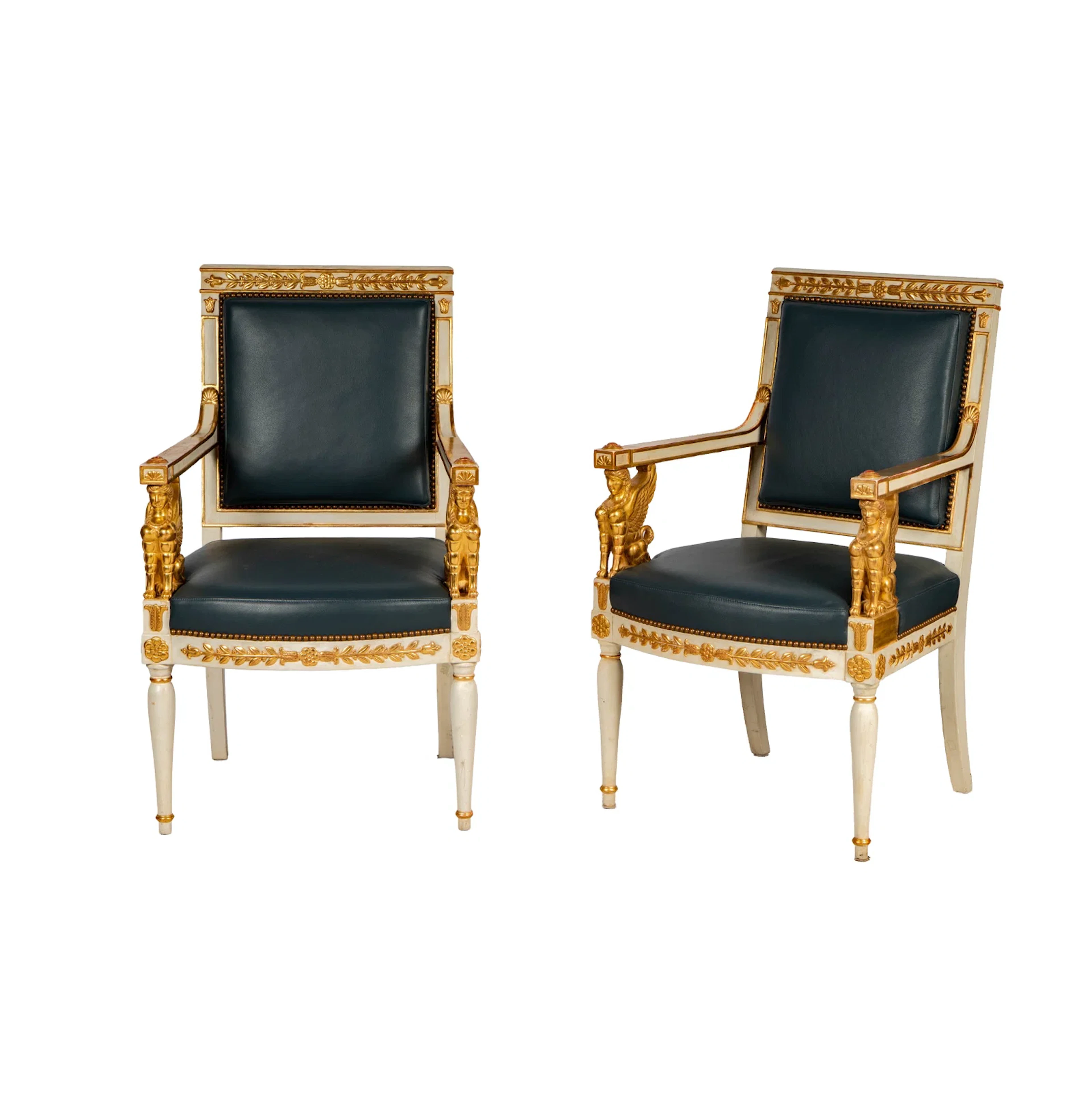 A Pair of French Empire-Style Gilt and Painted Armchairs