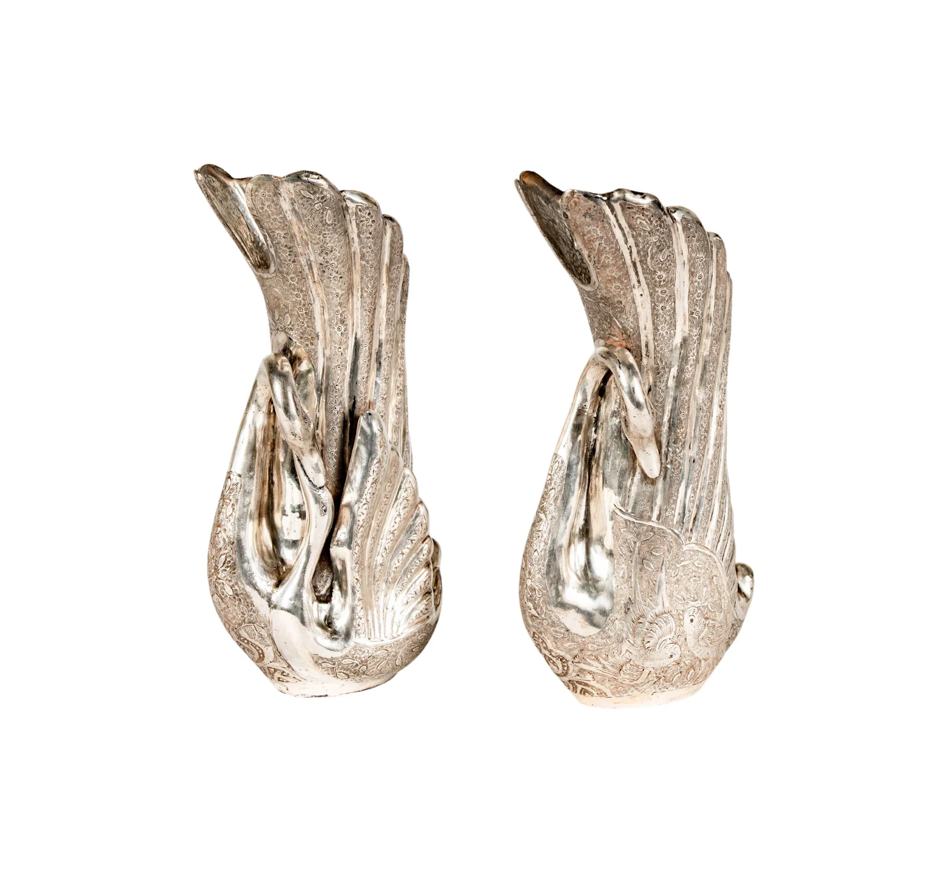 A Pair of Persian Silver Swan Form Vases